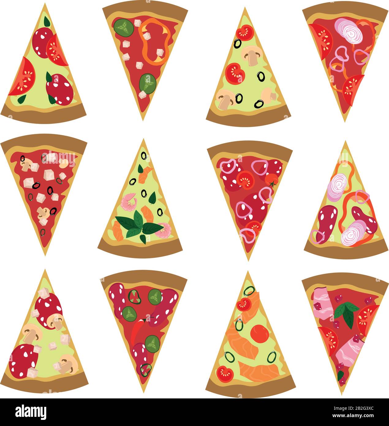 Verschiedene Pizza. Vegetarisch, Fleisch, Pilzpizze. Design für Speisekarte, Café, Rezepte, Restaurants, fast Food, Food Court. Stock Vektor