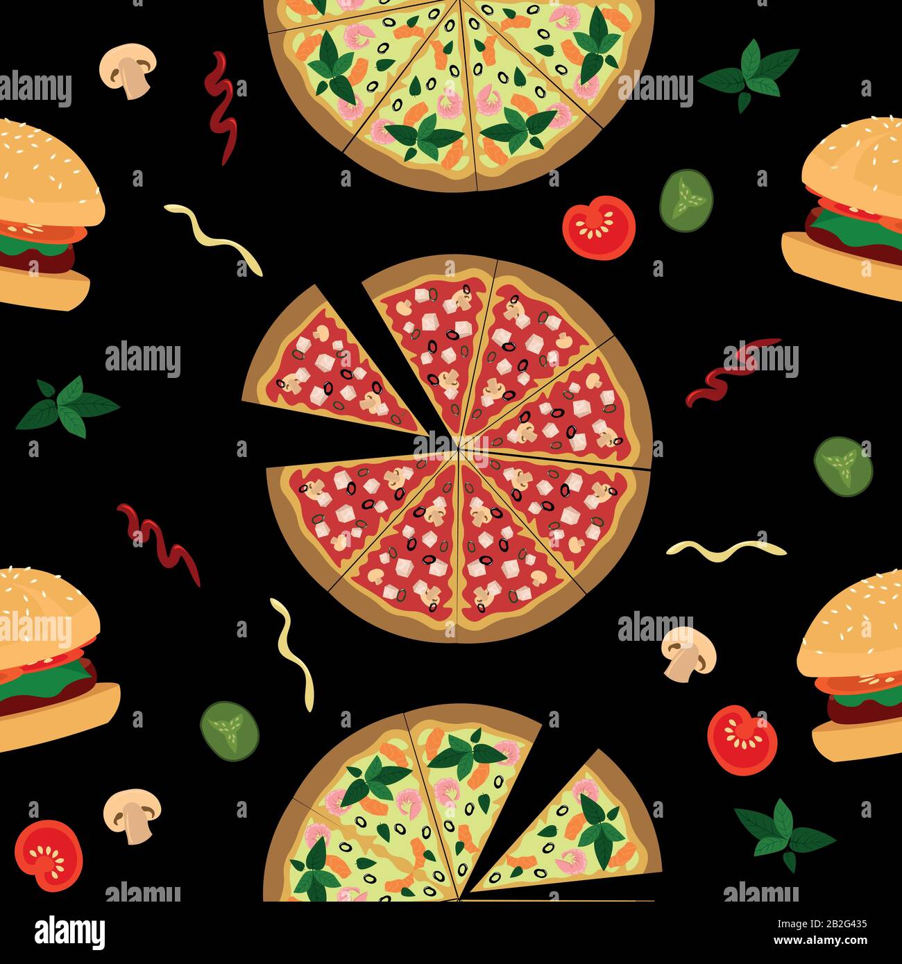 Vektor Fastfood-Muster. Pizza, Hamburger, Gemüse und Soßen auf schwarzem Grund. Stock Vektor