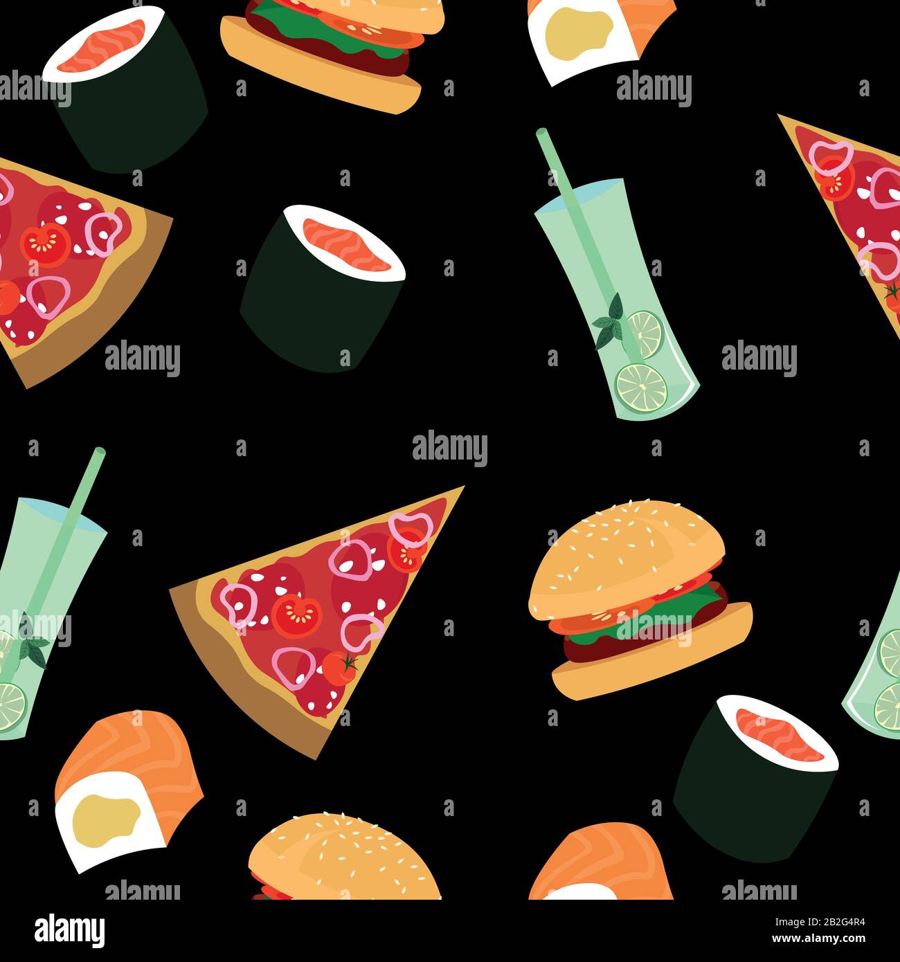 Fast-Food-Vektormuster. Hamburger, Pizza, Sushi, Getränke. Menüdesign, Café, Flyer, Einladungen. Stock Vektor