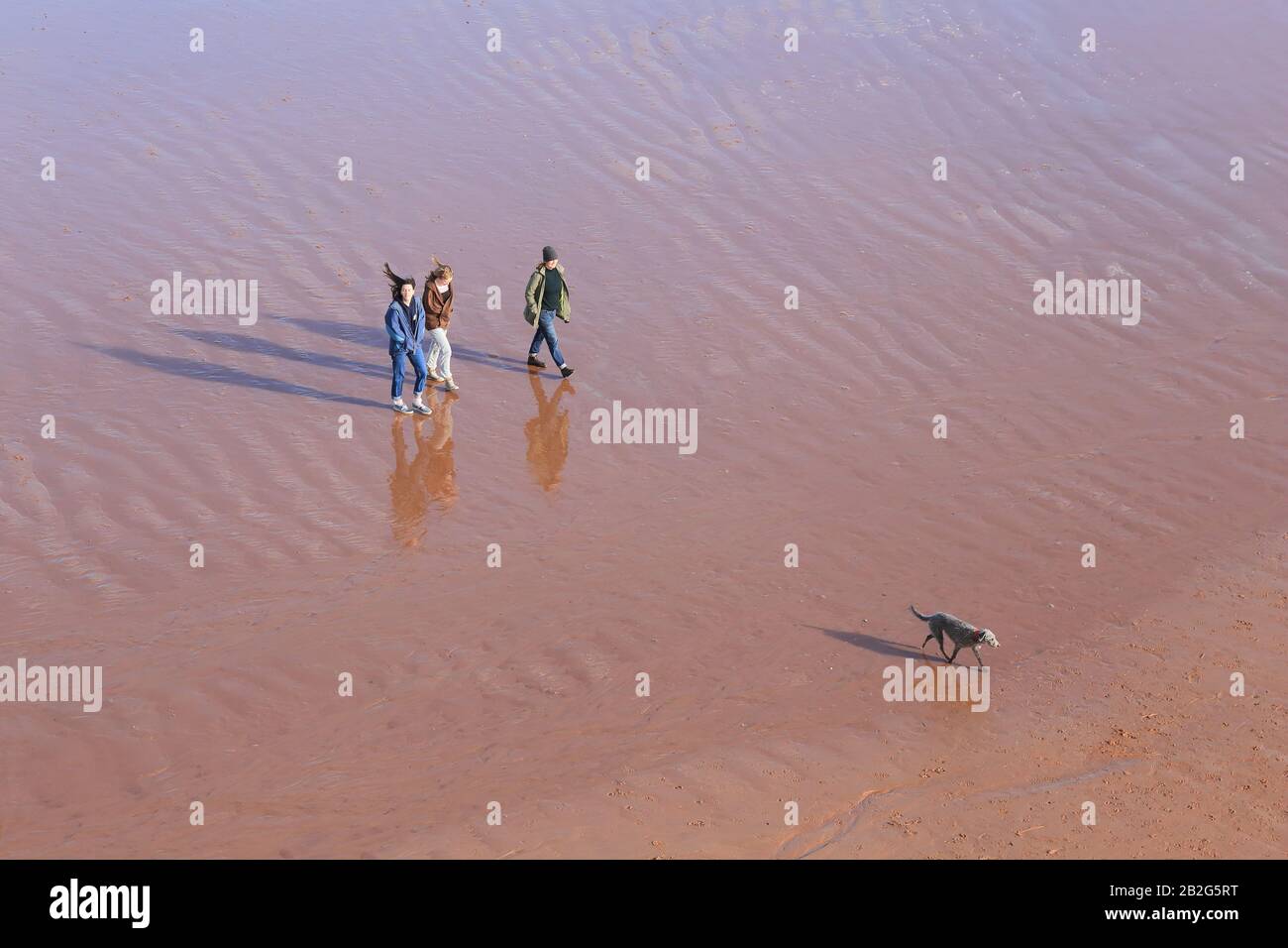 Menschen wandern bei Ebbe am sandigen Strand in Sidmouth, Devon Stockfoto