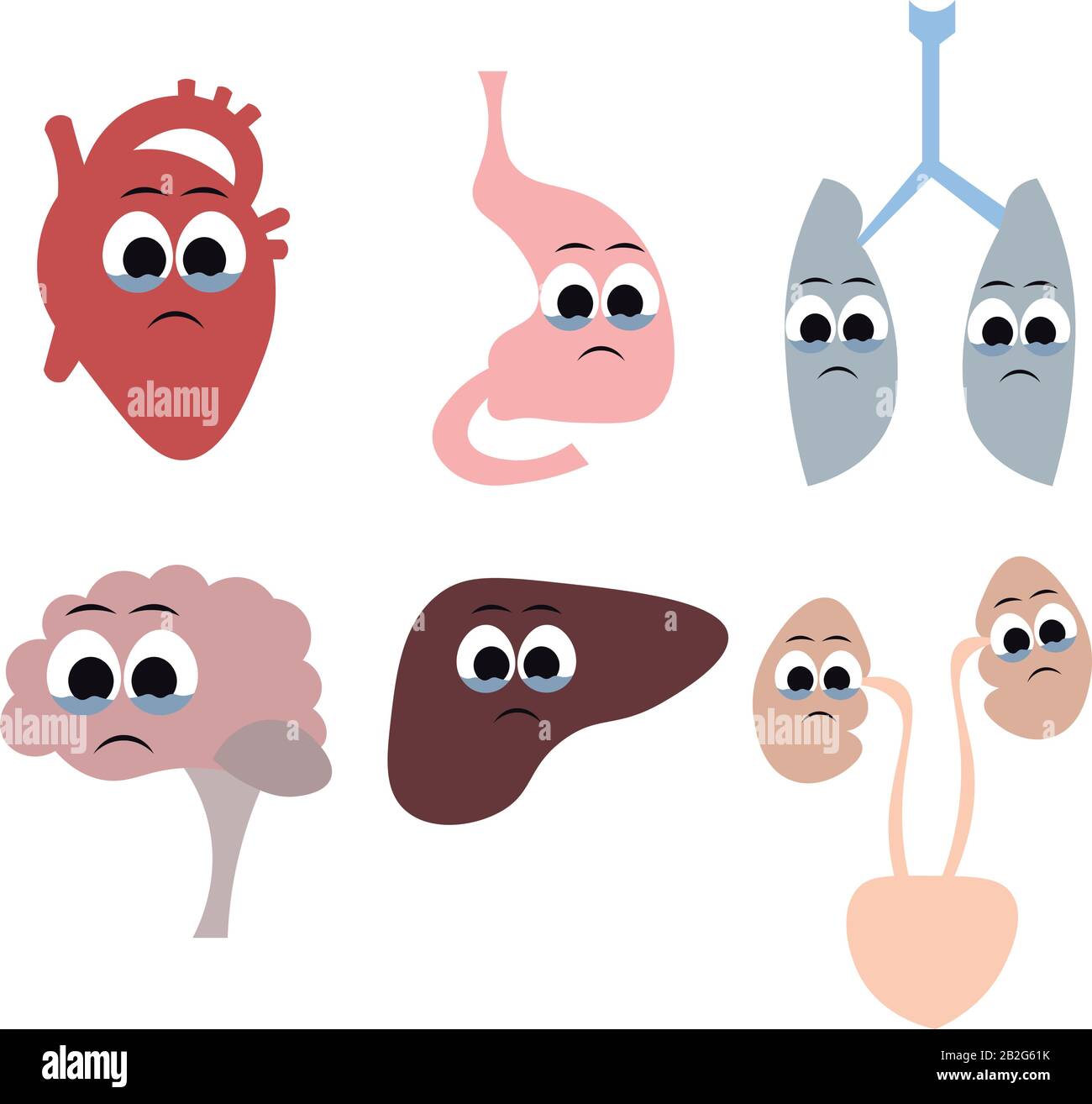 Organe des menschlichen Körpers im Cartoon-Stil. Herz, Gehirn, Atemwege, Verdauungssystem, Exkretorium. Tränen, Traurigkeit, Krankheit. Schlecht t Stock Vektor