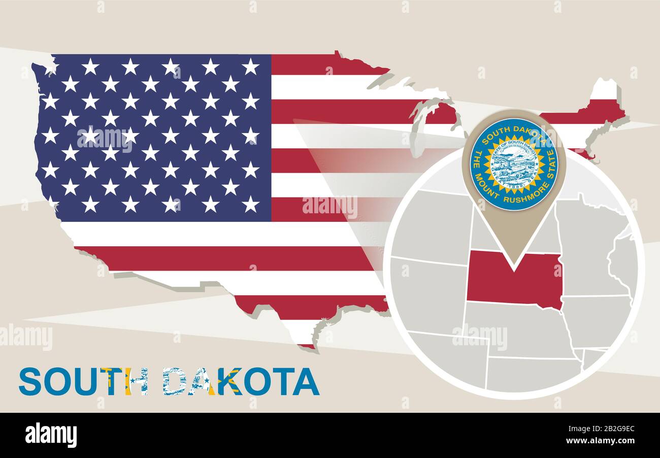 USA-Karte mit vergrößertem South Dakota State. Flagge und Karte von South Dakota. Stock Vektor