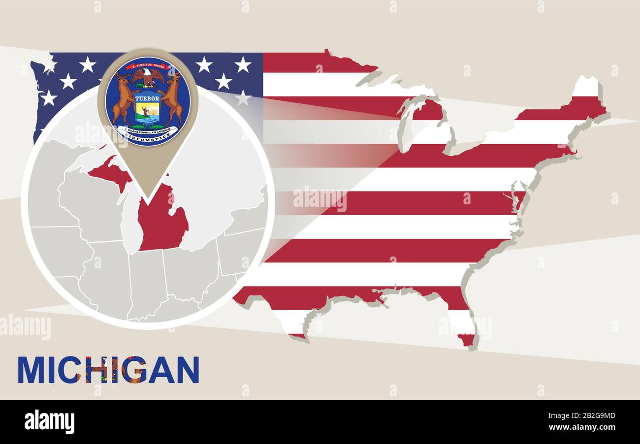 USA-Karte mit vergrößertem Michigan State. Flagge und Karte von Michigan. Stock Vektor