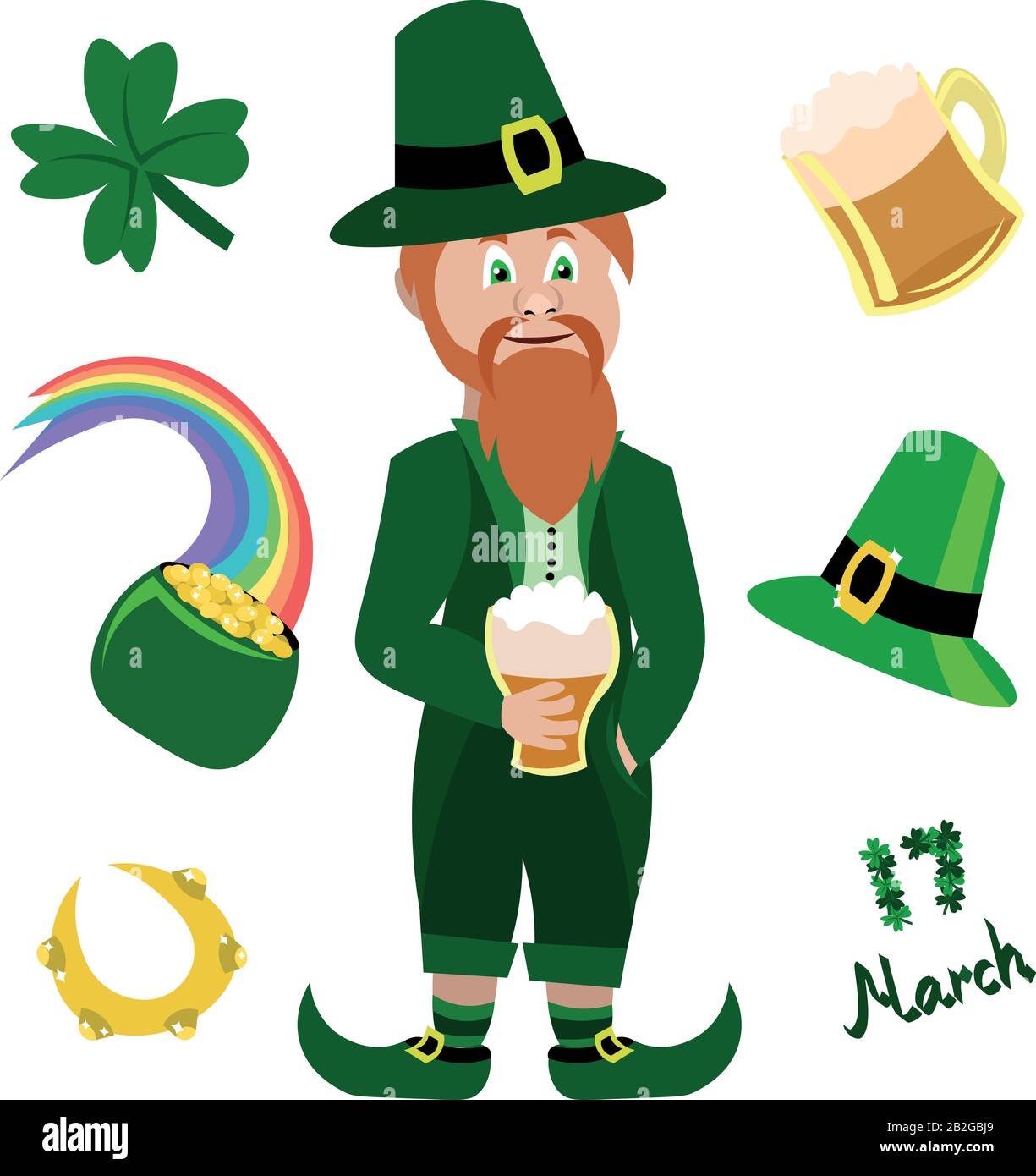 Richten Sie Objekte für den St. Patrick's Day ein. Leprechaun, ein Topf mit Gold, Bier. Stock Vektor