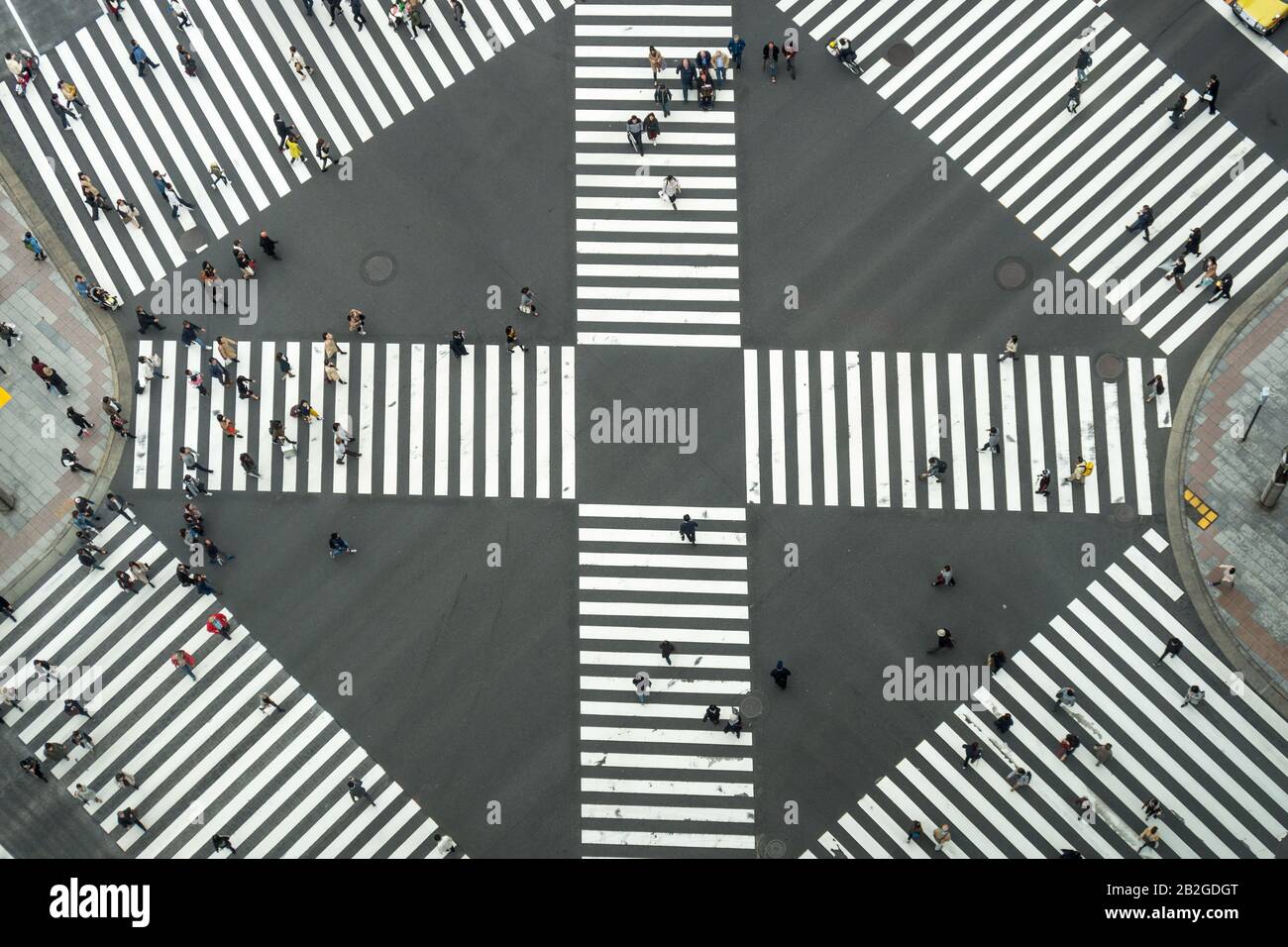 Tokio, JAPAN - OKTOBER 2017: Top-View der undefinierten japanischen Menschenmenge zu Fuß über die Straße zwischen den Gebäuden des JR-Bahnhofs Ginza Stockfoto