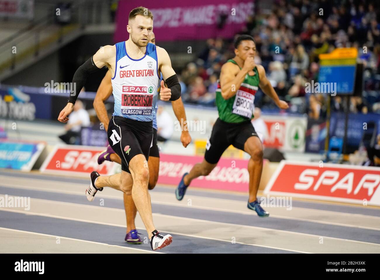 Andrew Robertson auf seinem Weg, seine 60-m-Hitze Der Männer in einer Zeit von 6,71 während der britischen Leichtathletik-Hallenweltmeisterschaften am Samstag, 22. Februar 2020, in Glasgow, Großbritannien zu verwinden. (Foto von IOS/ESPA-Images) Stockfoto