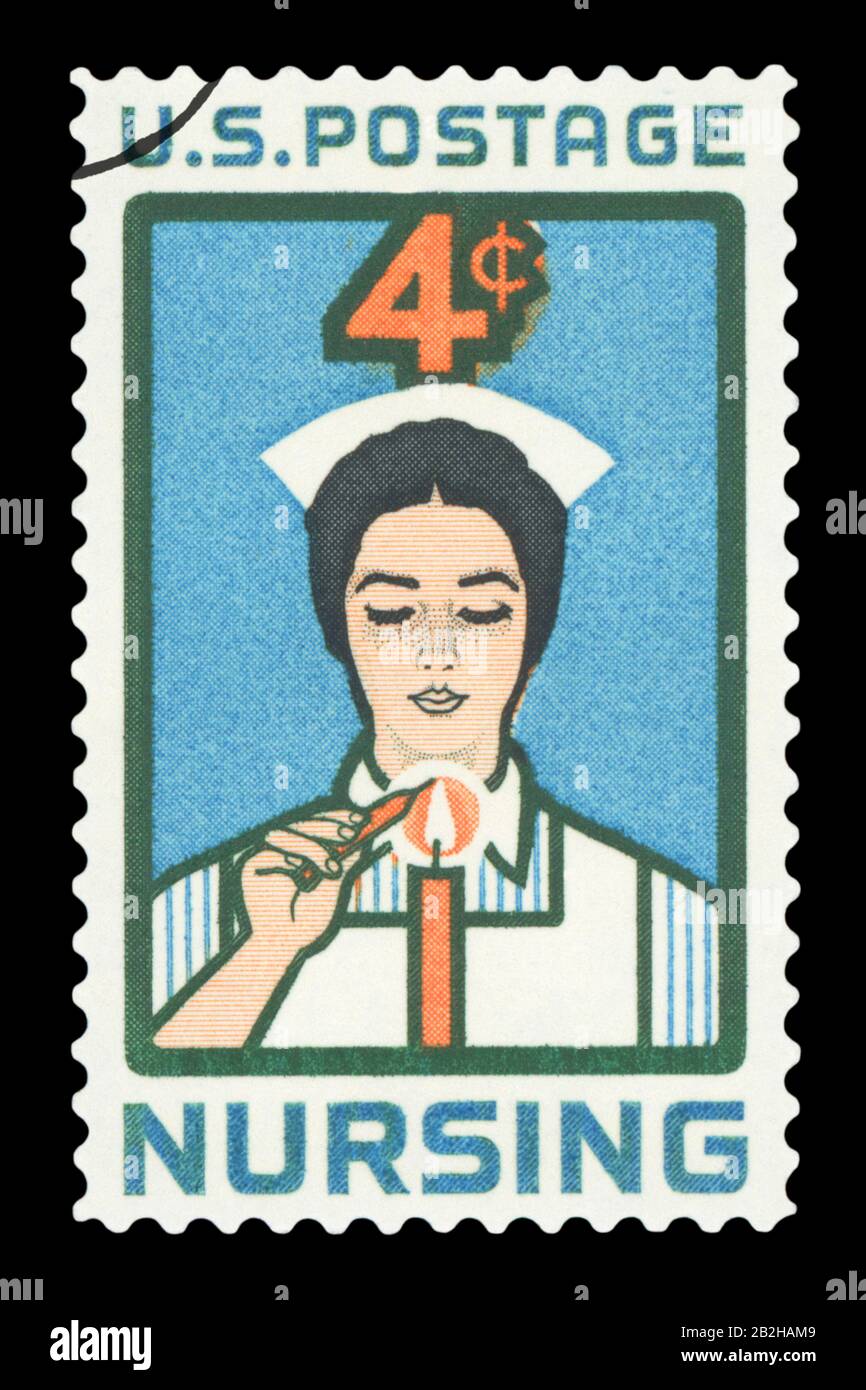 Vereinigte STAATEN VON AMERIKA - CIRCA 1961: Eine gebrauchte Briefmarke aus den Vereinigten Staaten von Amerika, die sich dem Beruf Des Pflegepersonals widmet, um 1961. Stockfoto