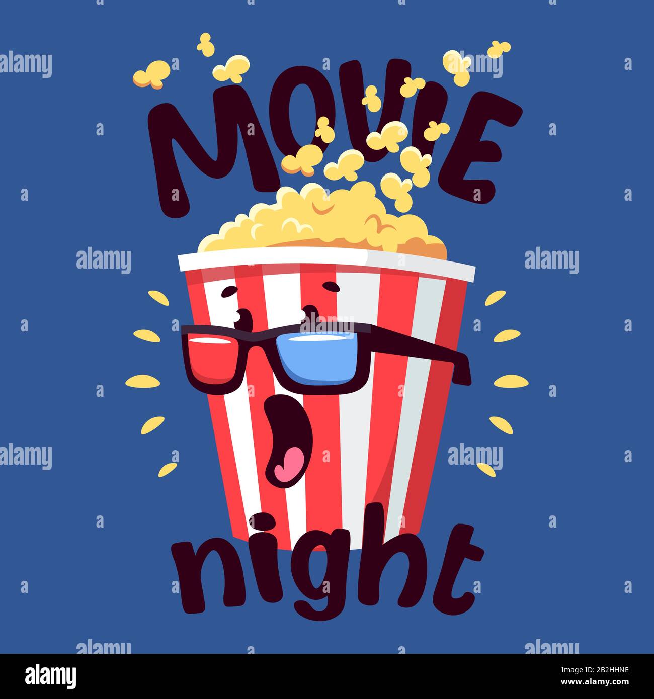 Banner oder Poster mit Cartoon Popcorn gestreifter Packung mit Kunststoffbecher aus Limonade Stock Vektor