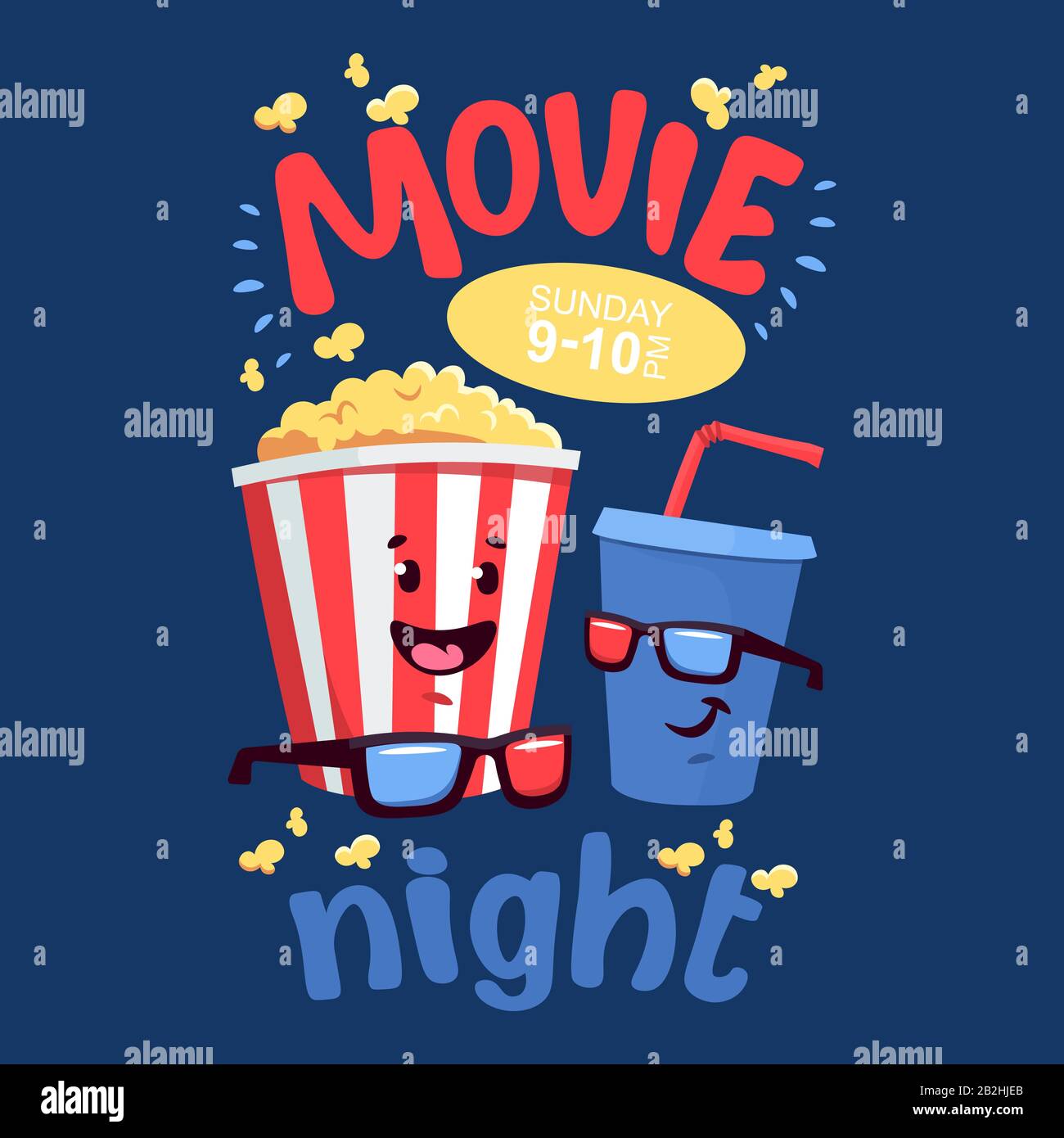 Flat Illustration mit Cartoon-Film Popcorn und Limonade Stock Vektor