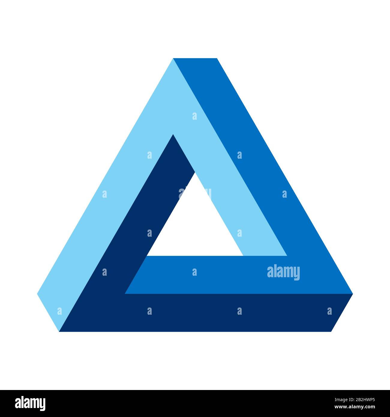 Penrose-Dreieck, optische Täuschung, blau gefärbt. Penrose Tribar, ein unmögliches Objekt, scheint ein festes Objekt zu sein, das aus drei geraden Balken besteht. Stockfoto