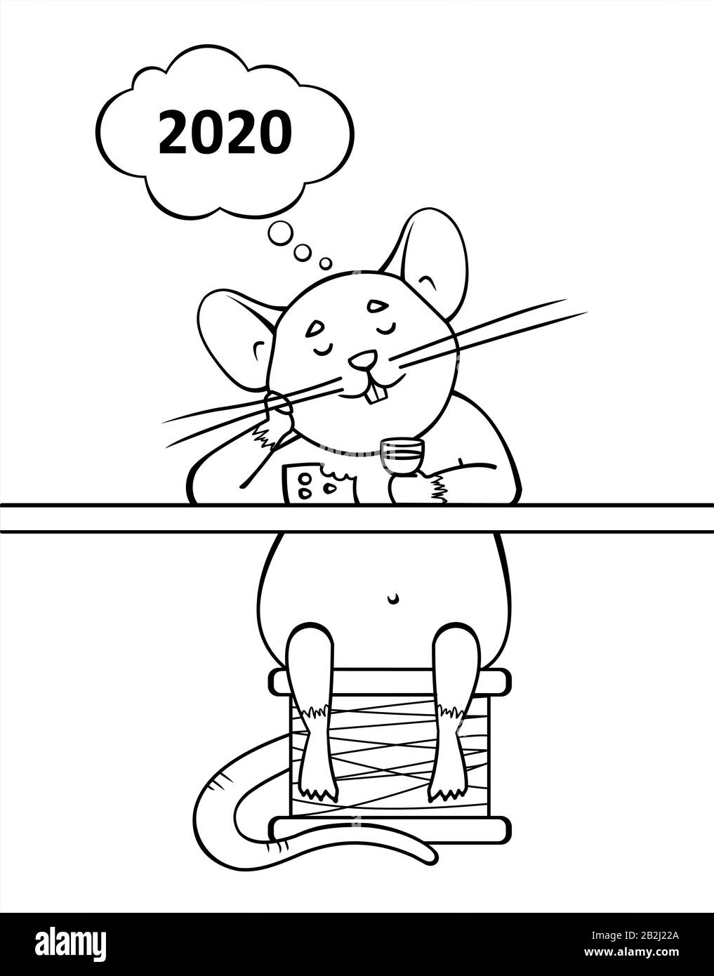 Ein Rat Sitzt In EINER Bar, Trinkt Wein, Isst Käse, Denkt An 2020. Cloud For Thought. Eine Niedliche Cartoon-Maus Sitzt Auf EINEM Gewindeschieber. Symbol Für 2020. Forts Stock Vektor