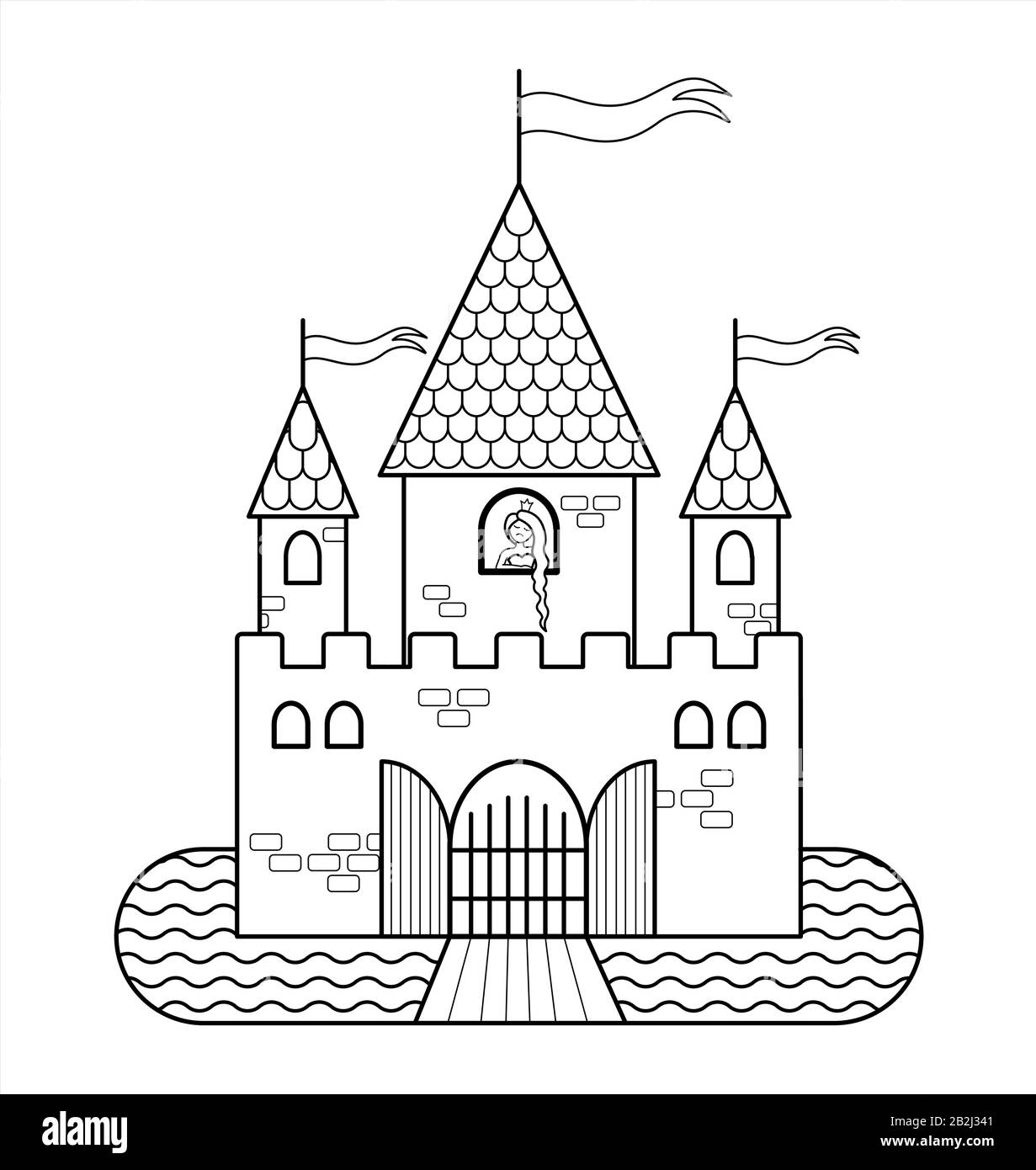 Märchenschloss Mit EINER Prinzessin, Mit Drei Türmen, Mit Flaggen, Gates, EINEM Moat, Zugbrücke. Outline-Vektor-Bild Für Kinderfarbe. Die Kontur Stock Vektor