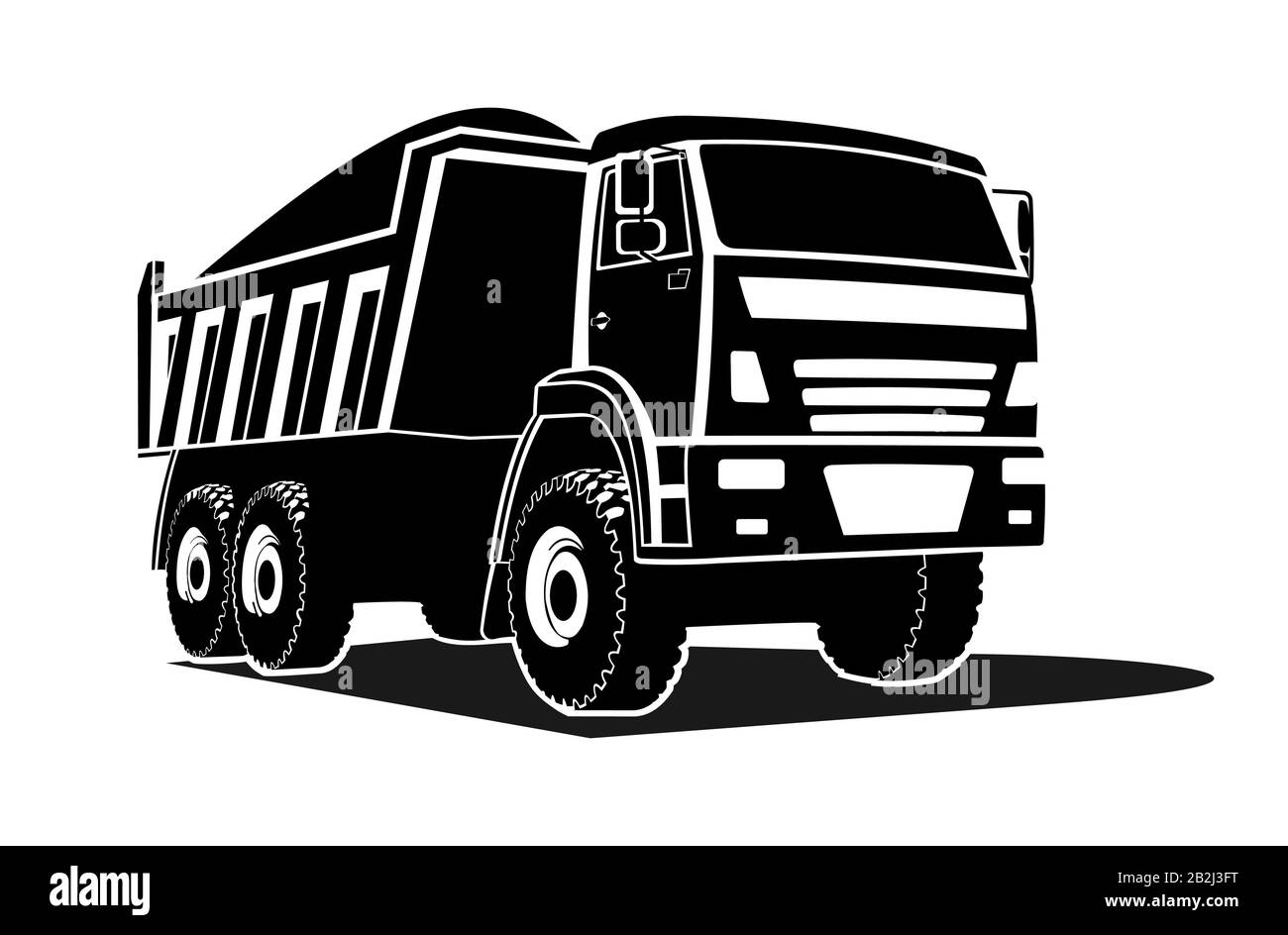 Große Silhouette des Müllkipps, Logo. Der Kippwagen transportiert Ladung. Dreiviertelansicht. Stock Vektor