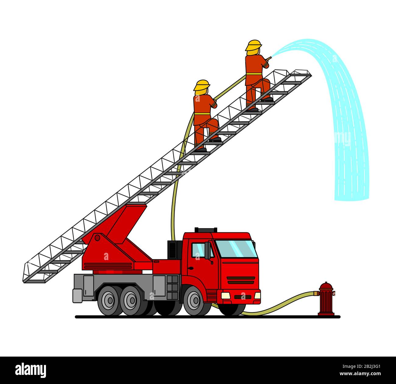 Cartoon-Feuerwehrwagen mit einer Autoleiter. Feuerwehrleute stehen auf der Treppe und gießen etwas von einem Feuerwehrschlauch. Flache Vektordarstellung eines Wasserengins Stock Vektor