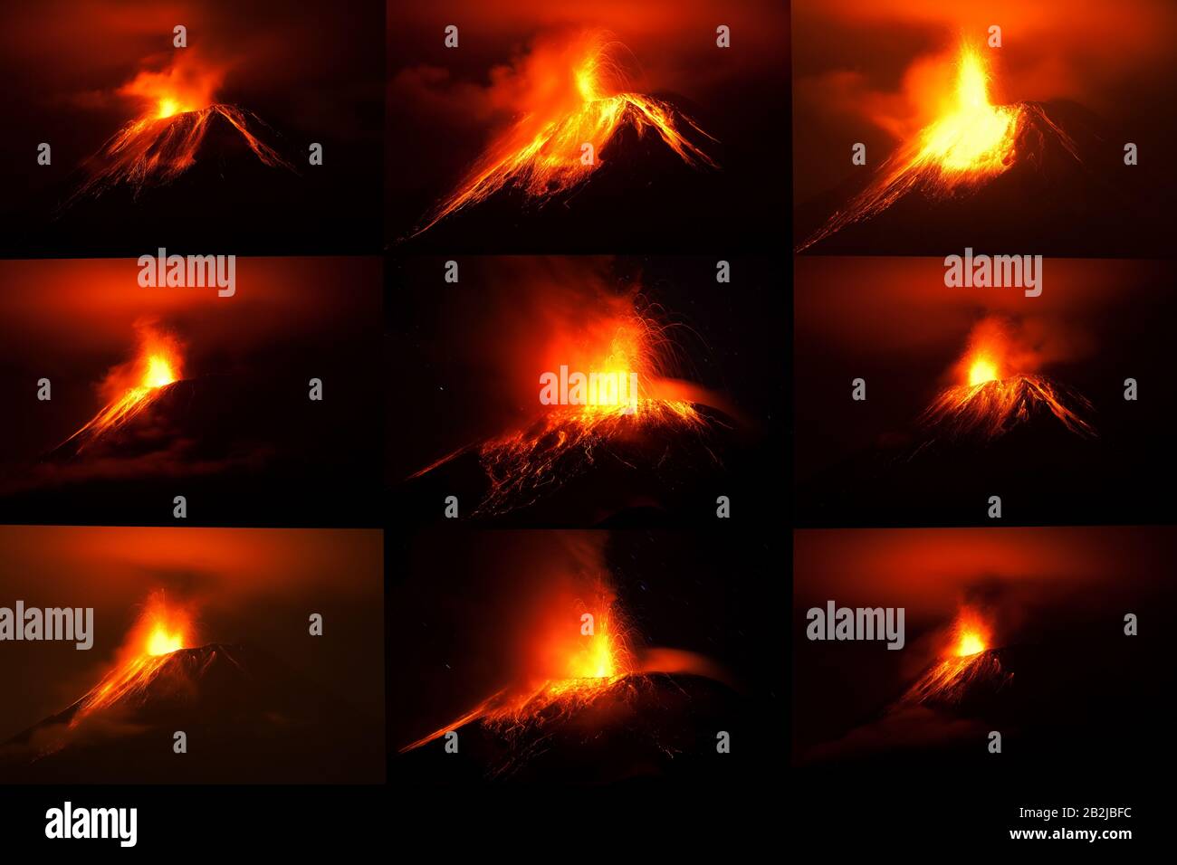 Sammlung von 9 Bilder der Vulkan Tungurahua mit verschiedenen Formen der Lavaströme, geschossen mit der Canon EOS 5D Mark II Umgerechnet von Raw kleine Menge Stockfoto