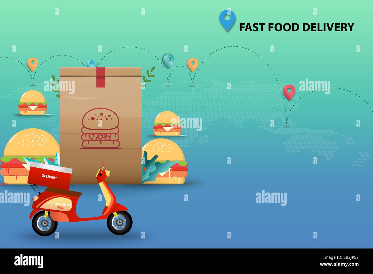 Scooter steht vor dem großen Hamburger und Verpackungspapier im Hintergrund von Karte und Route der Lieferungen. Stock Vektor