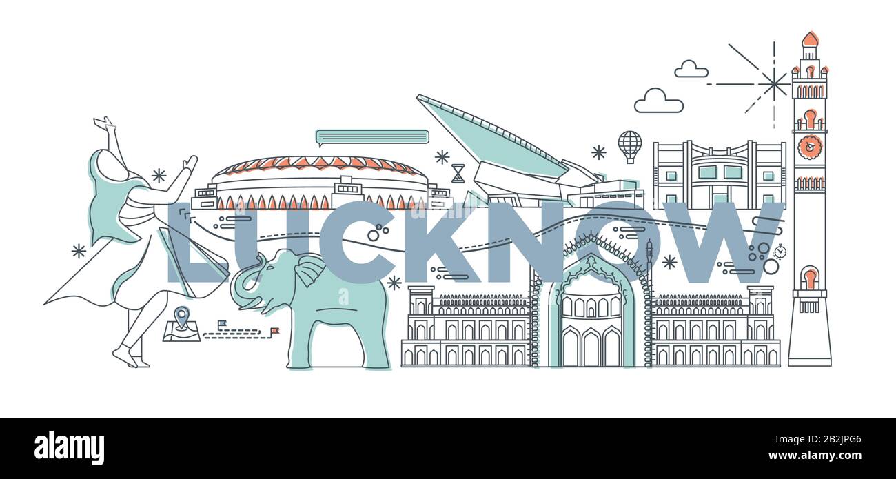 Typografie Wort Lucknow Markentechnik Konzept. Sammlung von Web-Symbolen für flache Vektoren. Asian Culture Travel Set, Architekturen, Spezialitäten detailliert Stockfoto