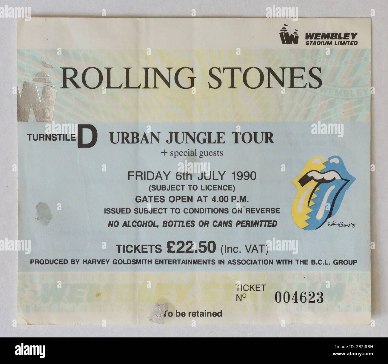 Rolling Stones Urban Jungle Tour Gig Ticket Stub Wembley Stadium 6. Juli 1990 Bild von James Boardman. Stockfoto