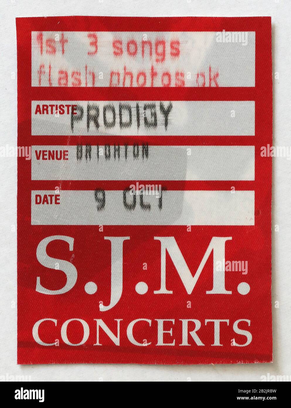 Photo Pass Fro Prodigy Auftritt im Brighton Center 9. Oktober 1996 Bild von James Boardman. Stockfoto