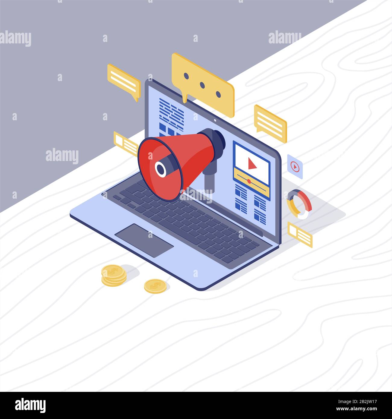 Digitale Marketingstrategie isometrische Vektordarstellung. Inbound & Content Marketing 3d-Konzept. Medienpublikum: Attraktion. PR-Kampagne, online Stock Vektor