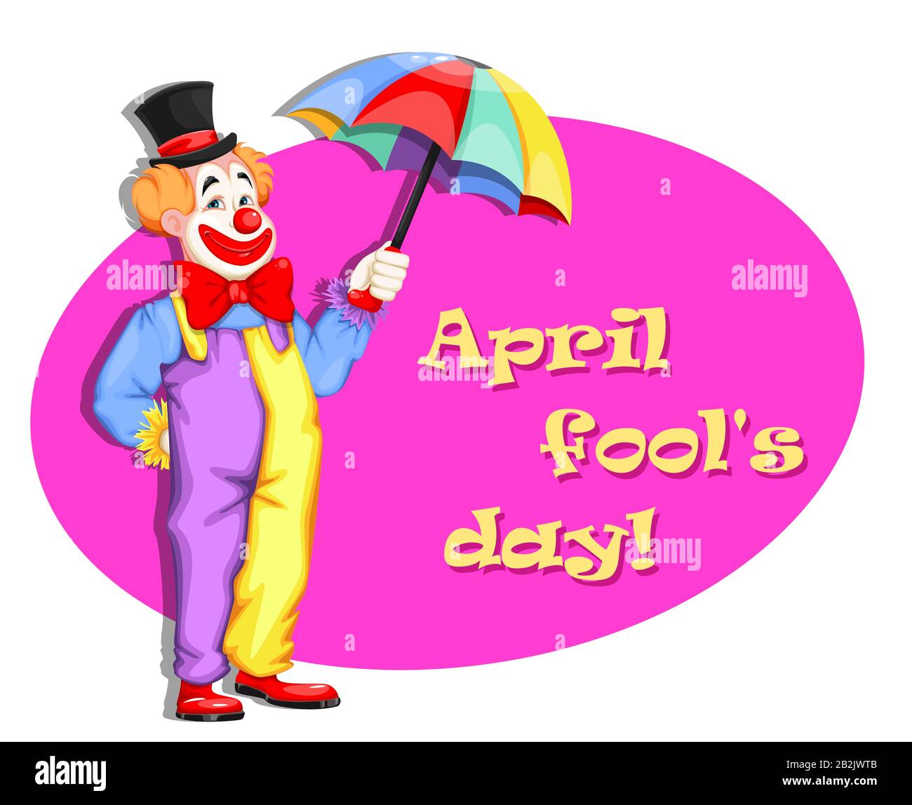 April Fool's Day Grußkarte. Lustiger Clown mit Regenschirm. Verwendbar für den Circus Day. Fröhliche Zeichentrickfigur. Bestandsvektor Stock Vektor