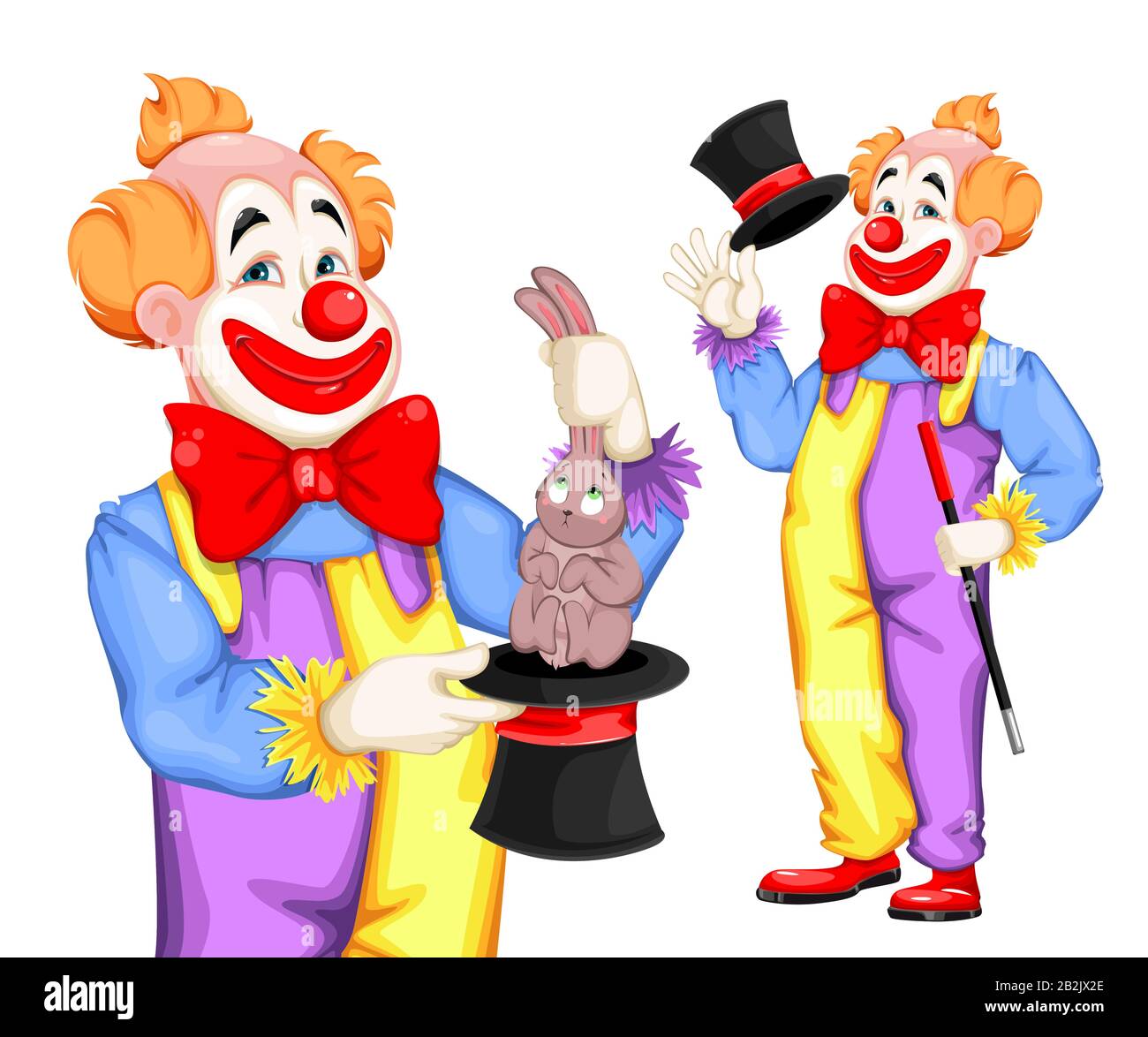 April Fool's Day. Lustiger Clown mit Hut und Häschen, zwei Posen. Verwendbar für den Circus Day. Fröhliche Zeichentrickfigur. Vektor-Darstellung auf Lager isoliert Stock Vektor