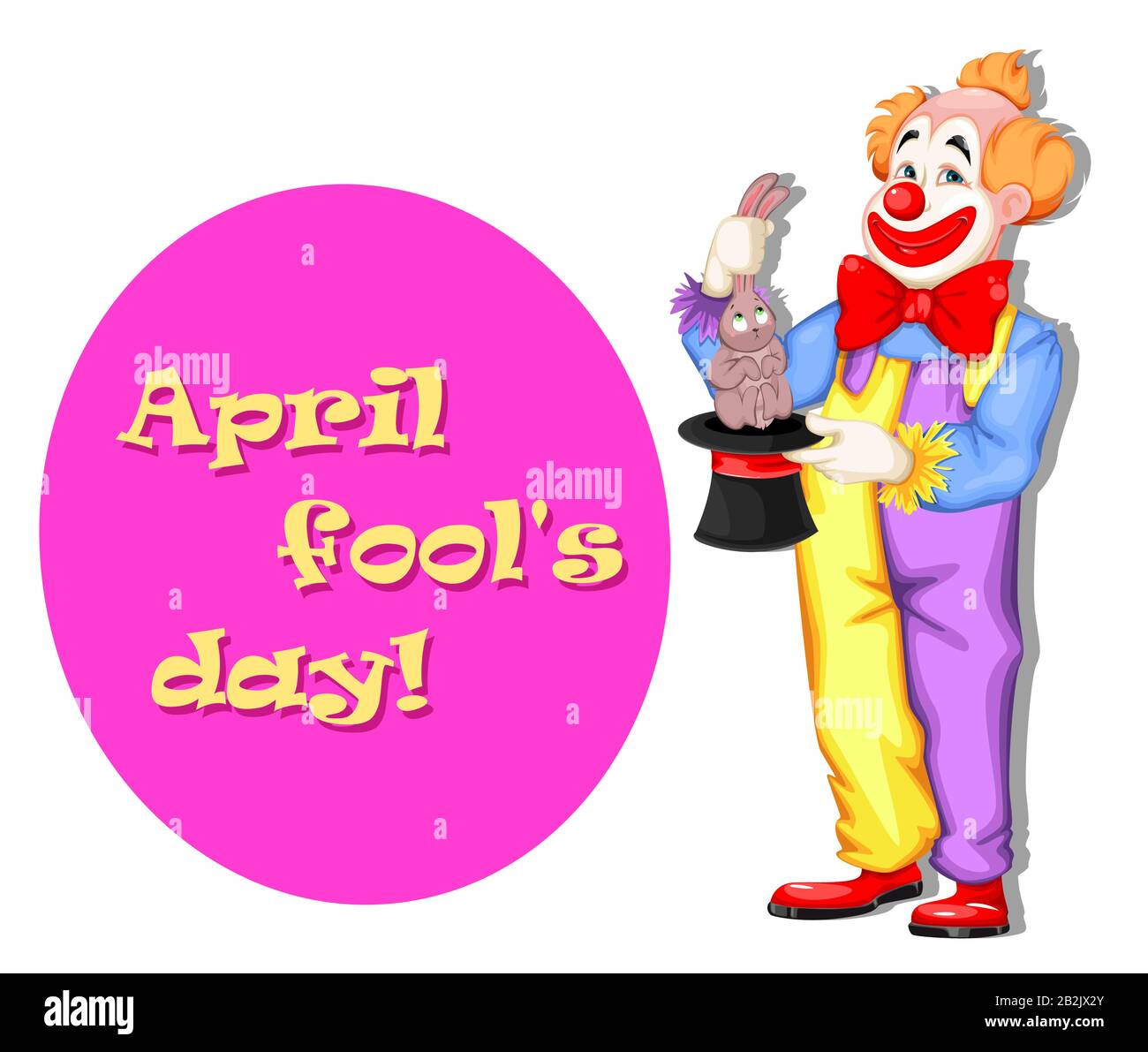 April Fool's Day Grußkarte. Lustiger Clown mit Hut und Häschen. Verwendbar für den Circus Day. Fröhliche Zeichentrickfigur. Bestandsvektor Stock Vektor