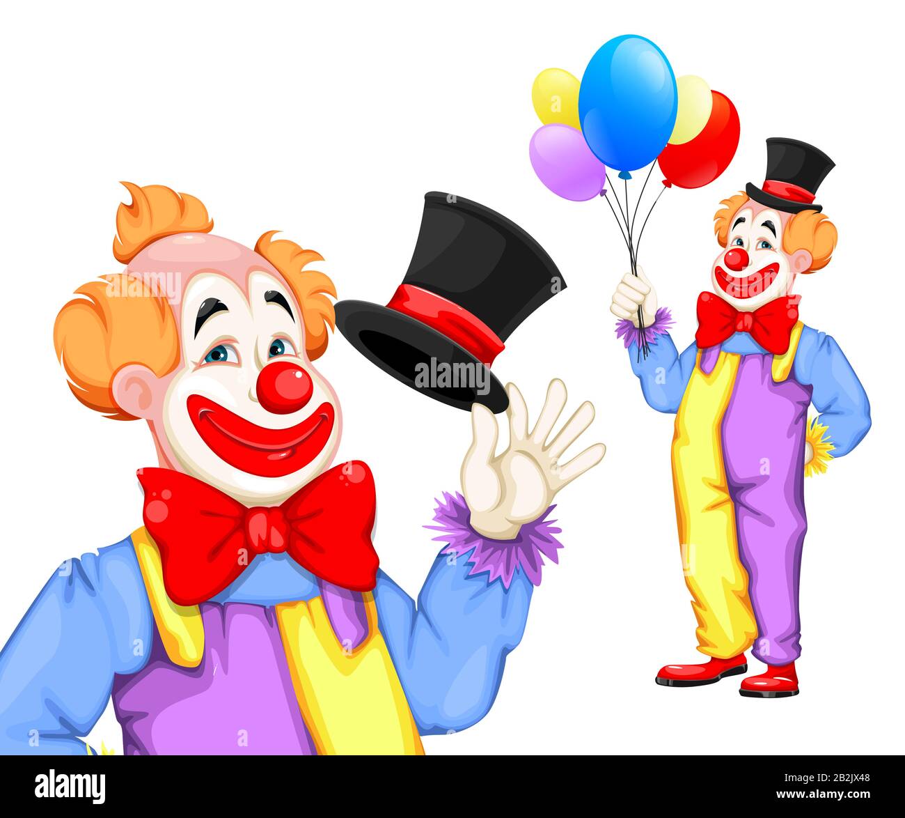 April Fool's Day. Lustiger Clown mit Hut und mit Ballons, Satz von zwei Posen. Verwendbar für den Circus Day. Fröhliche Zeichentrickfigur. Stock Vector illucati Stock Vektor