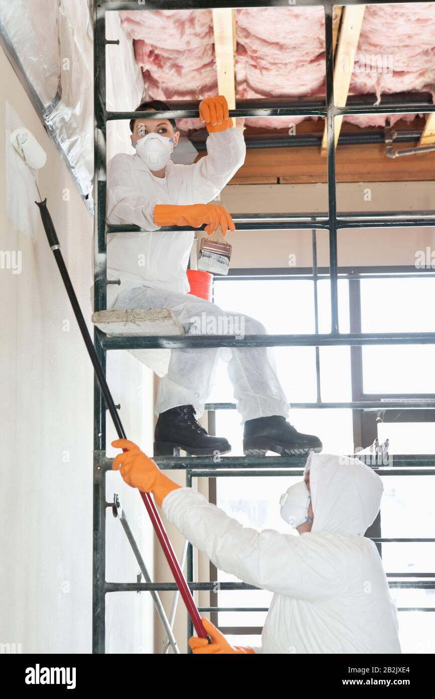 Zwei Bauarbeiter auf Gerüst malen einen Raum Stockfoto