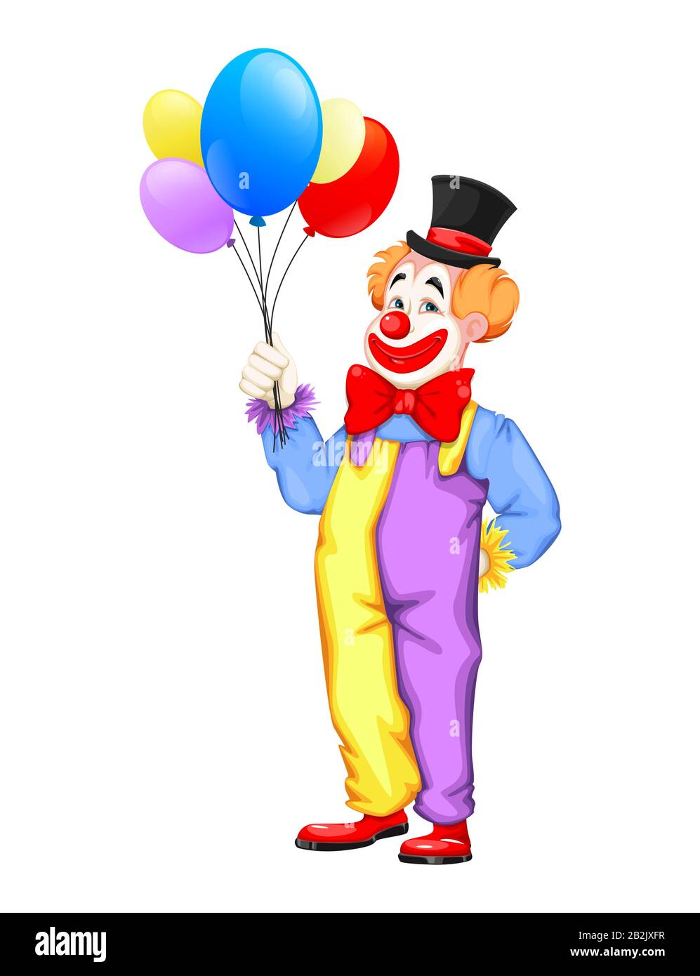 April Fool's Day. Lustiger Clown mit Ballons. Verwendbar für den Circus Day. Fröhliche Zeichentrickfigur. Vektor-Darstellung auf weißem Hintergrund isoliert Stock Vektor
