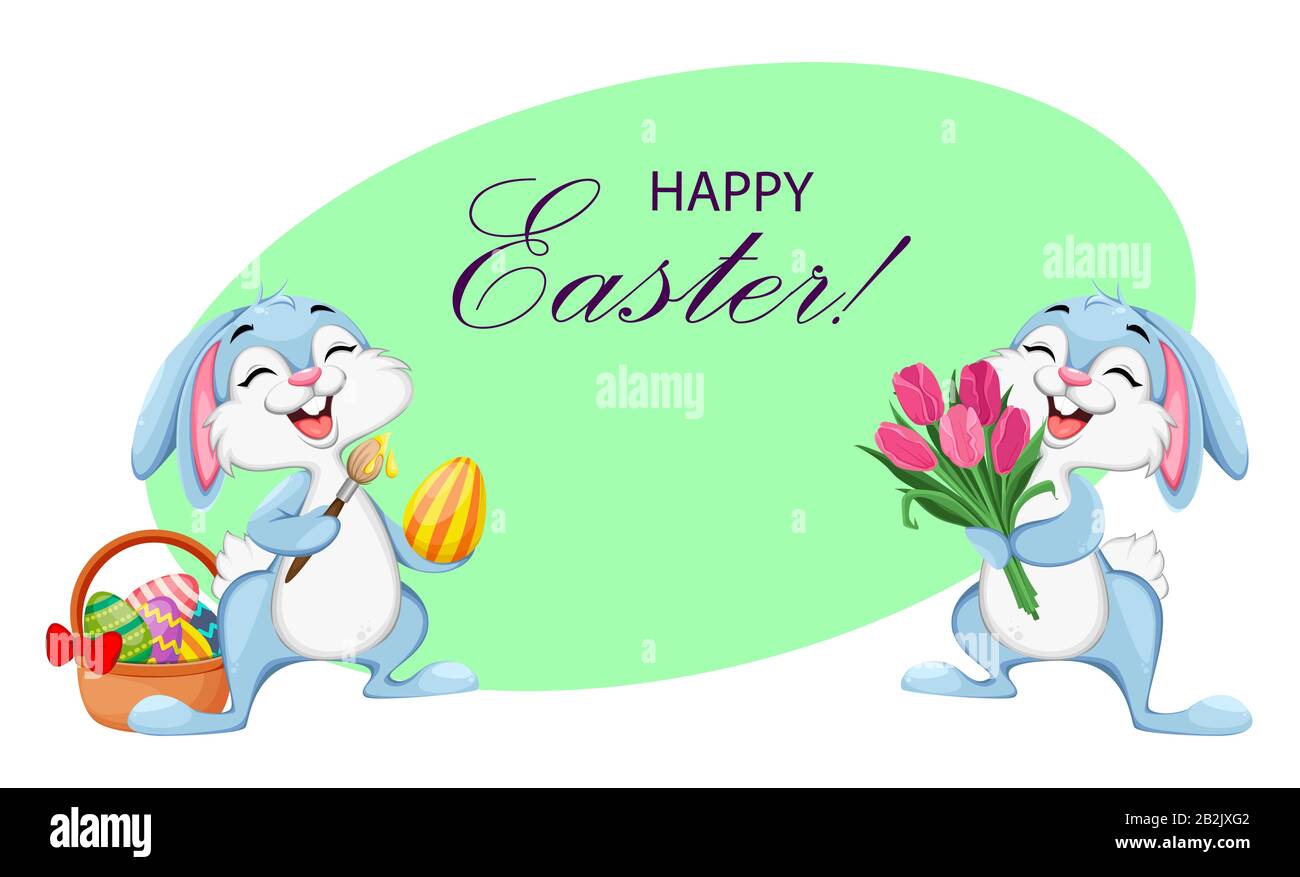 Frohe Ostern Grußkarte mit süßen Kaninchen. Lustige Ostergroschen Zeichentrickfiguren. Bestandsvektor Stock Vektor