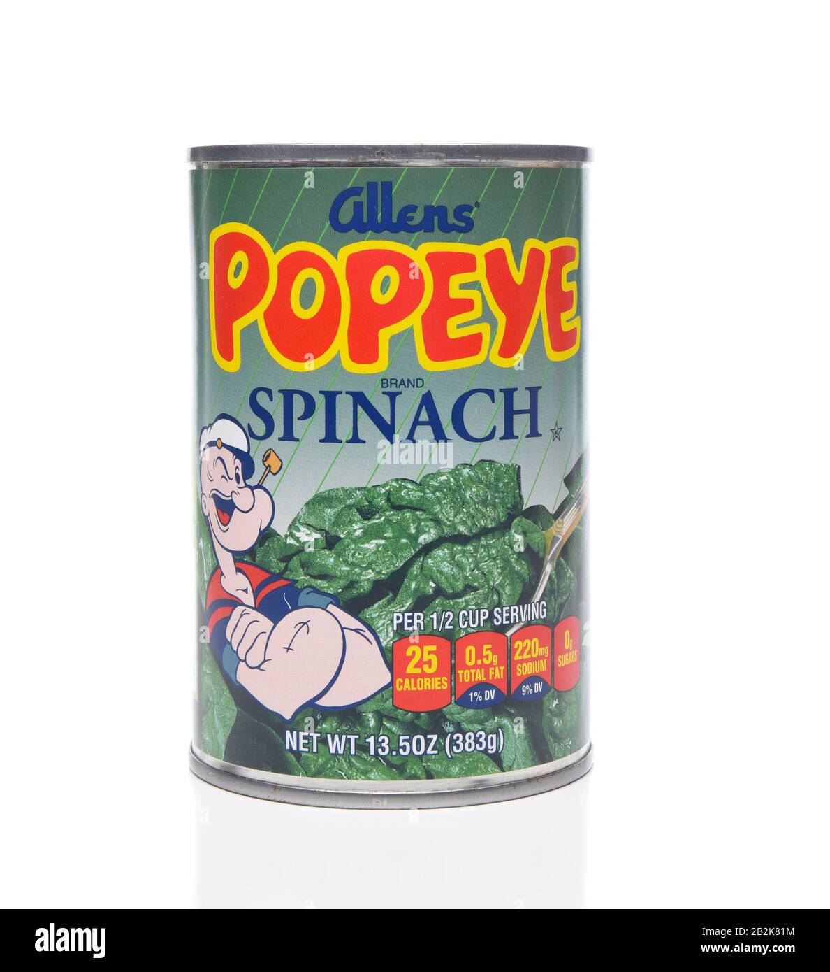 Irvine, KALIFORNIEN - 5. APRIL 2018: Eine Dose von Allens Popeye Spinach. Allens produziert mit der beliebten Cartoon-Figur eine Linie des Konservenpflanzens Stockfoto