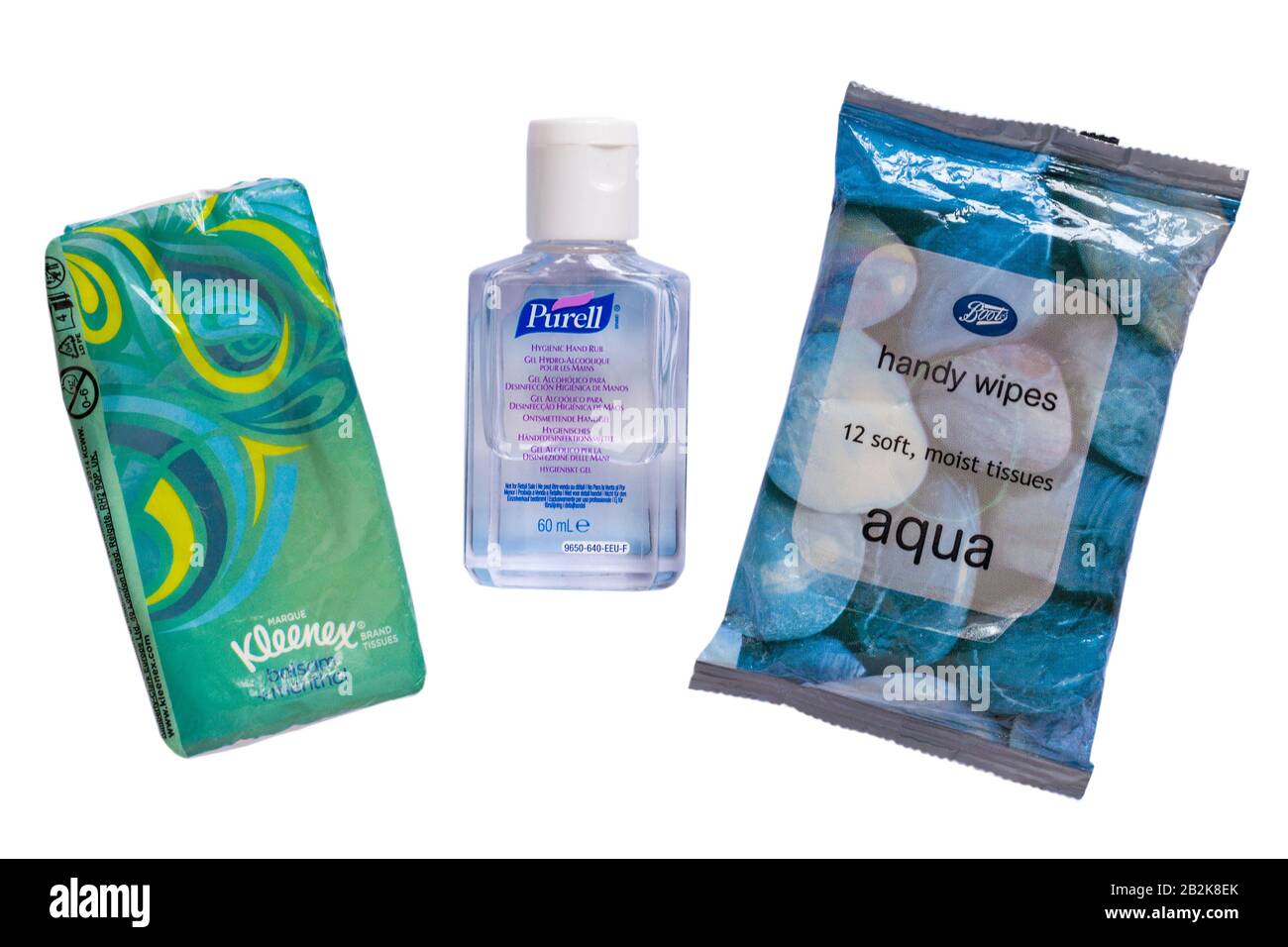 Flasche Purell hygienische Handscheule, Handgel, Händededesinfektionsmittel  mit Packung Kleenex Balsam + Mentholgewebe und Stiefel Aqua handliche  Wischtücher feuchtes Gewebe Stockfotografie - Alamy