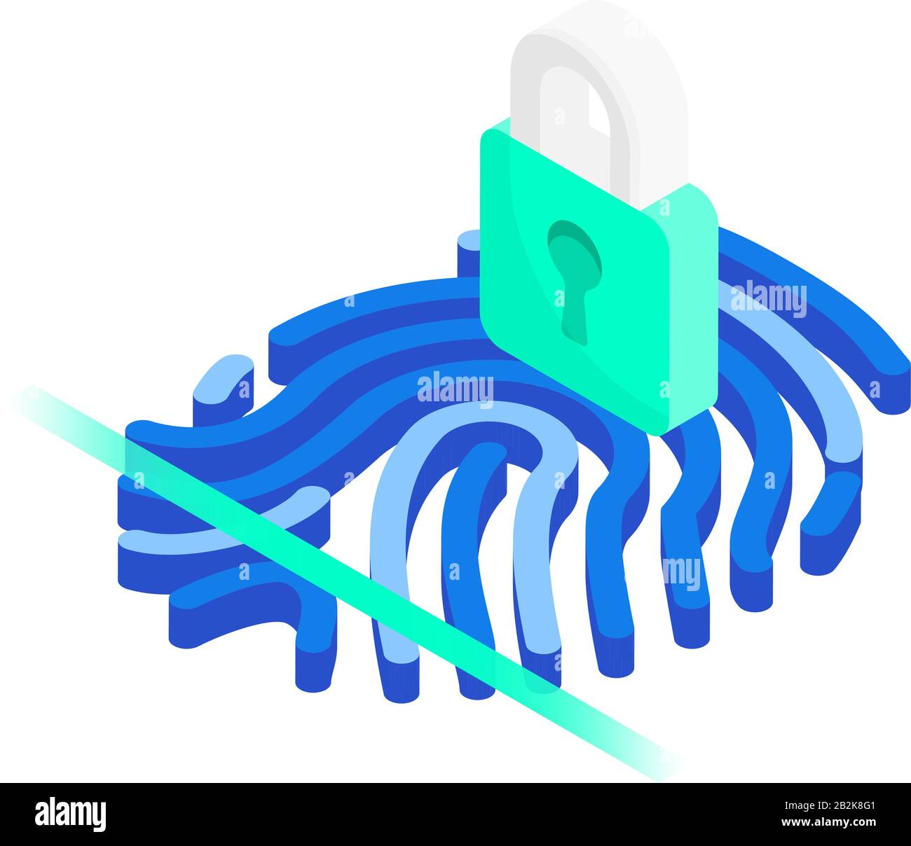Isometrischer Fingerabdruck mit Scannerlinie und geschlossenem Vorhängeschloss auf weißem Hintergrund isoliert. Konzept des Identifikationssystems. Stock Vektor