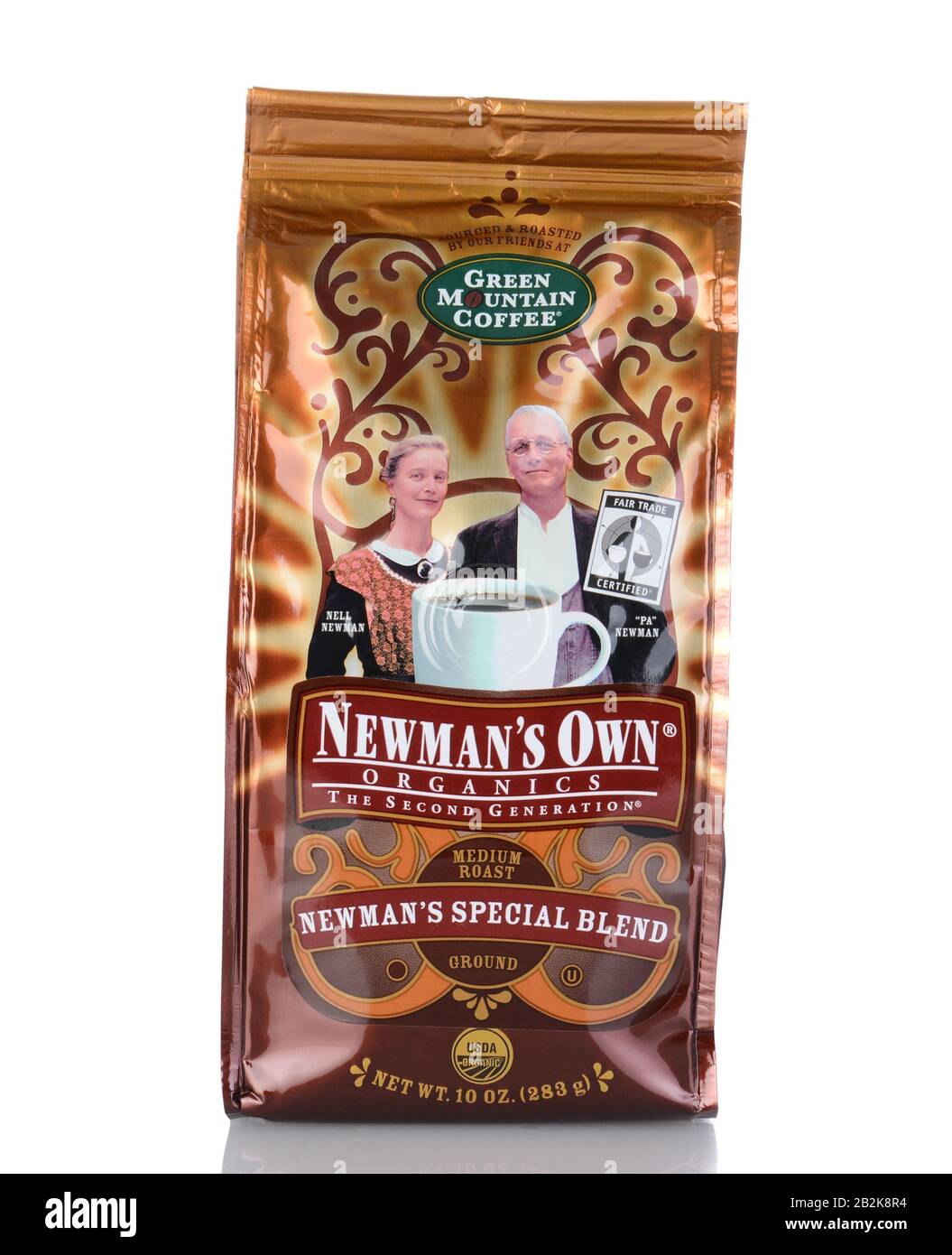 Irvine, CA - 05. Januar 2014: Eine 10-oz-Tüte von Newmans Eigenem Green Mountain Coffee. Das Unternehmen gewährt 100% der nach Steuern erzielten Gewinne aus dem Verkauf seiner Stockfoto