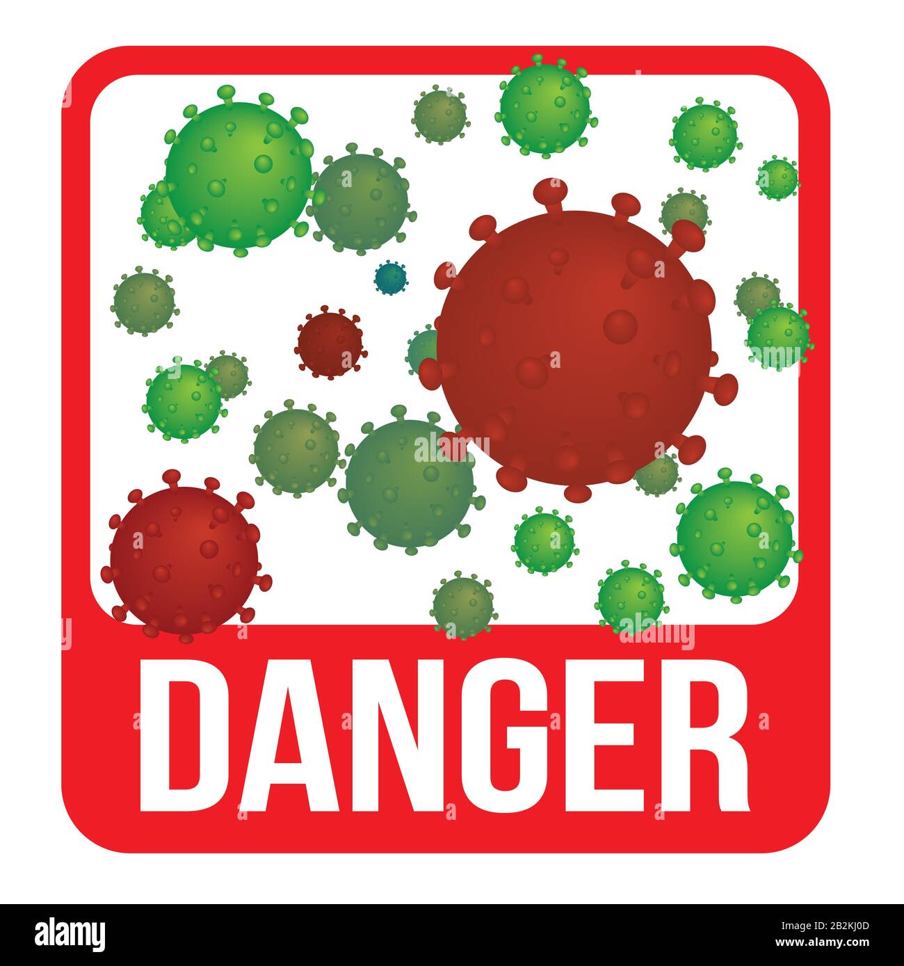 Warnschild für Vektor-Grafiken mit Kronenvirus. Schematische Darstellung des Virus. Stockfoto