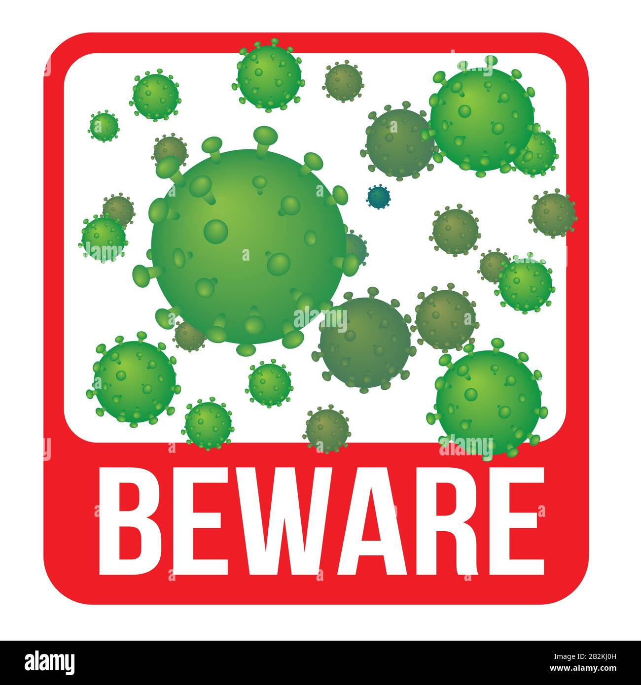 Warnschild für Vektor-Grafiken mit Kronenvirus. Schematische Darstellung des Virus. Stockfoto