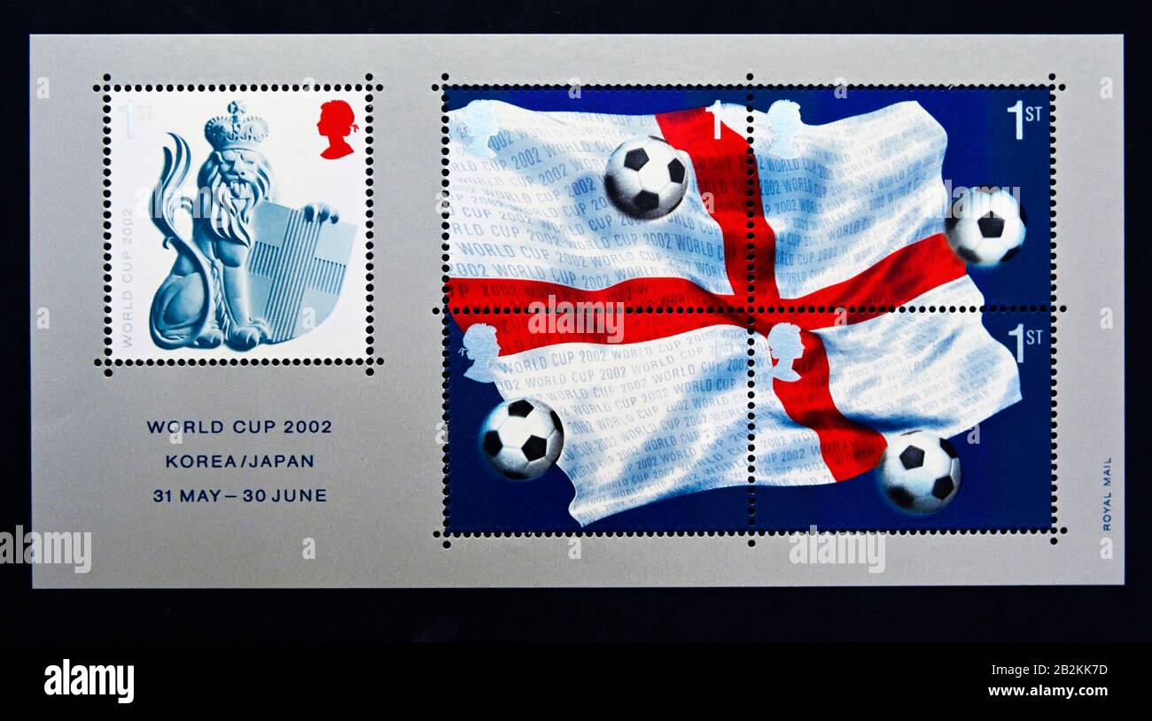 Briefmarken. Miniaturblatt. Großbritannien. Königin Elizabeth II Fußball-Weltmeisterschaft, Japan und Korea. 1. 2002. Stockfoto