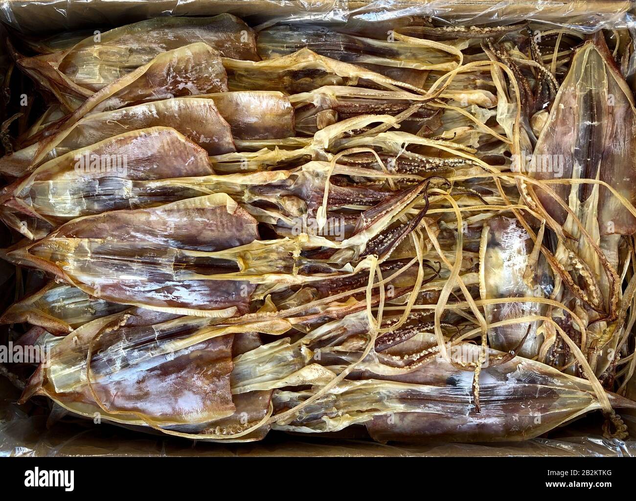 Getrocknetes Tintenfisch auf dem Lebensmittelmarkt in China, trockene Meeresfrüchte - Stockfoto