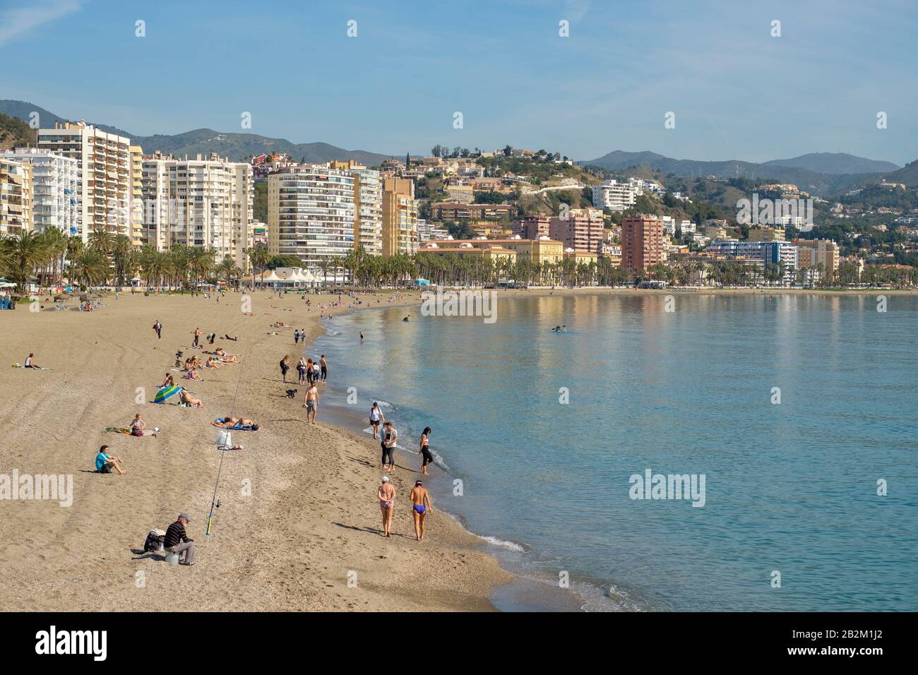 Strand in Målaga, Playa de La Malagueta. Stockfoto