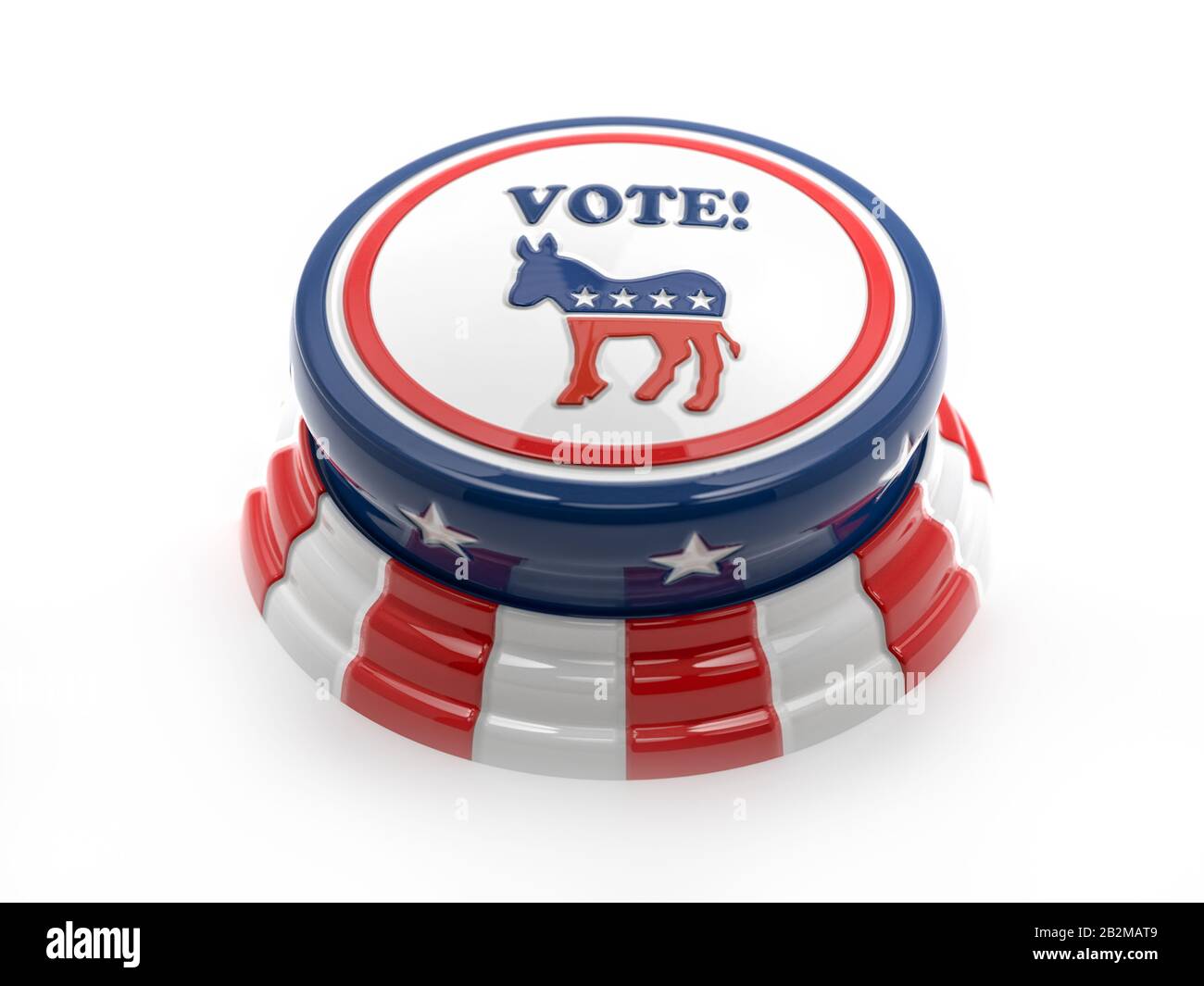 3D-Rendering der Wahltasten der Demokraten mit Donkey-Symbol und Farben der amerikanischen Flagge auf Weiß Stockfoto