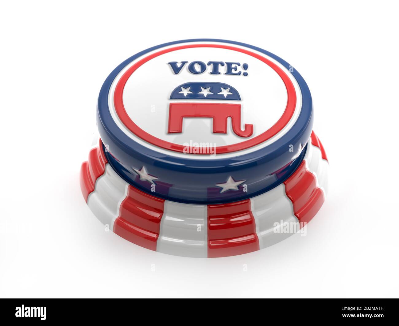 3D-Rendering von Republikanern Wahltaste mit Elephant Symbol und amerikanischen Flaggenfarben auf Weiß Stockfoto