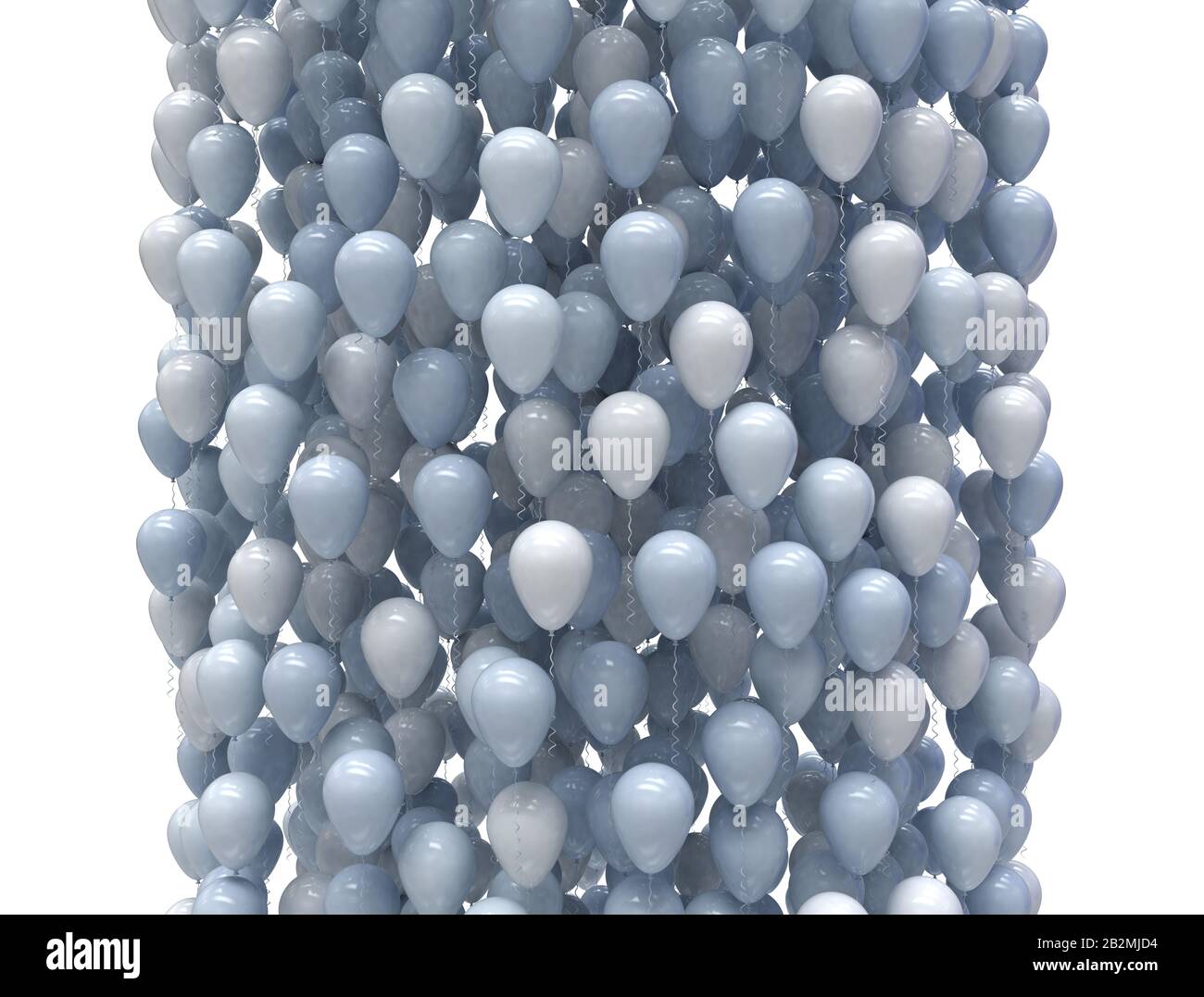 Blau und weiß Party Ballons steigen in einer großen Gruppe, isoliert auf weißem Hintergrund. Stockfoto