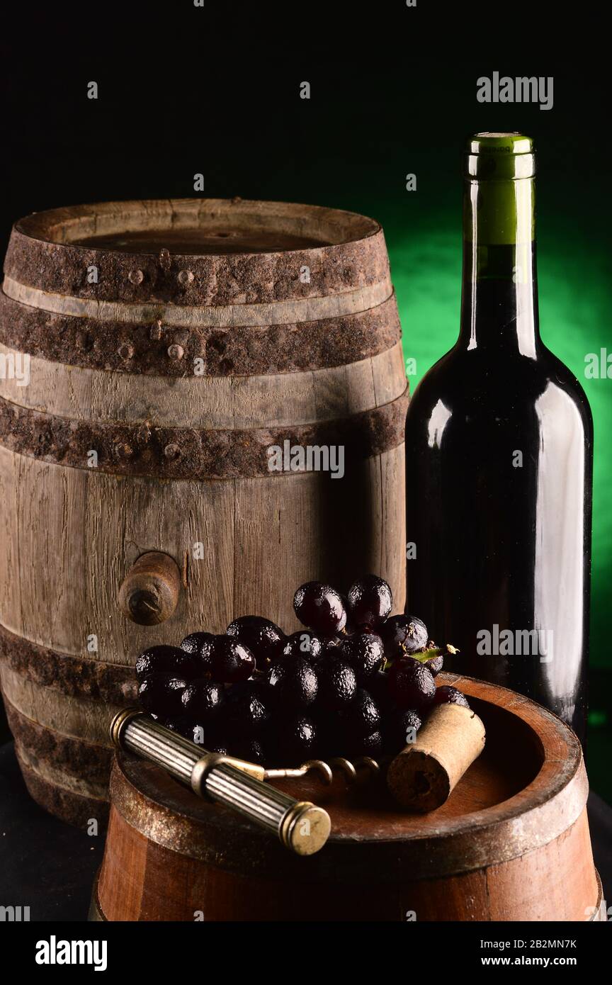 Flasche Wein, Trauben und Holzfässer auf einem Studioschuss Stockfoto