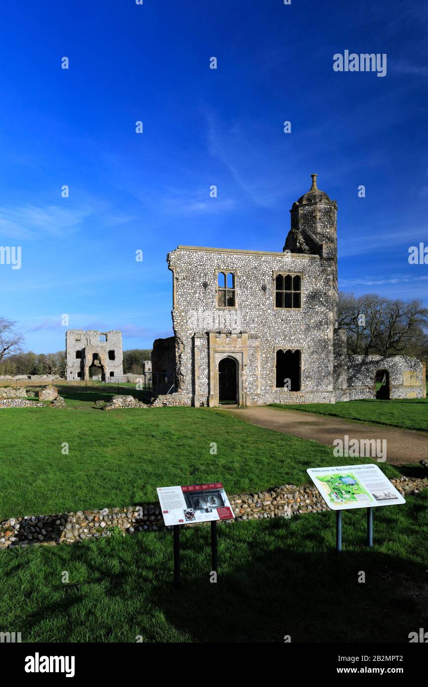 Blick auf Baconsthorpe Castle oder Baconsthorpe Hall, ein ruiniertes befestigtes Gutshaus, Baconsthorpe Village, North Norfolk, England, Großbritannien Stockfoto