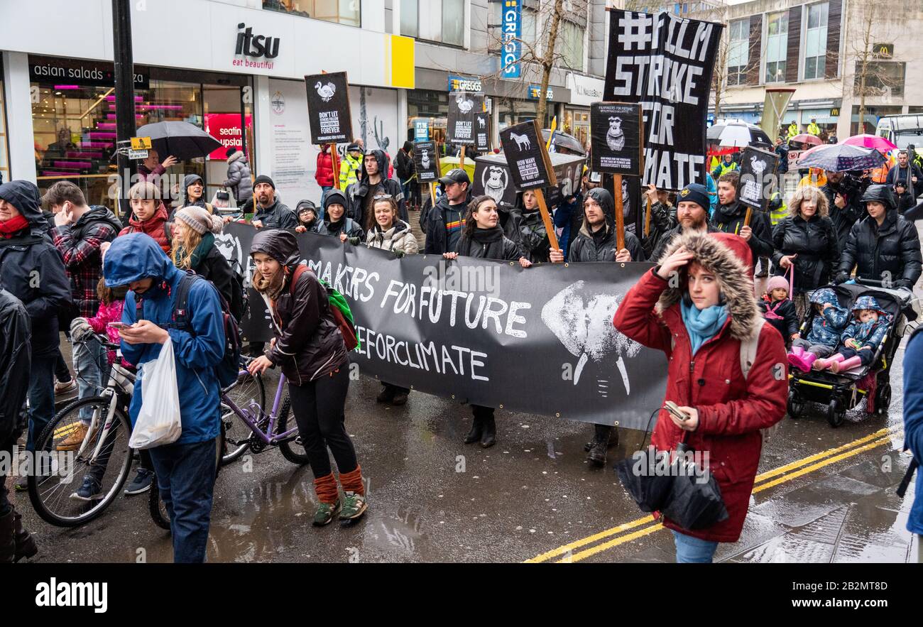 Filmstreik für das Climate Team am März für Klima- und Schulstreik Bristol UK am 28. Februar 2020, nachdem Greta Thumberg auf College Green gesprochen hatte Stockfoto