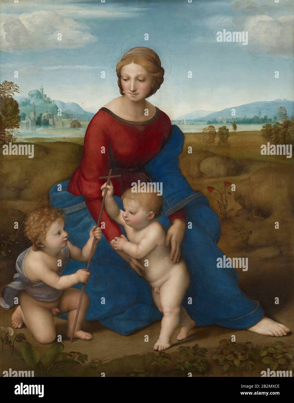 Madonna in der Wiese (ca. 1506) Gemälde von Raphael (Raffaello Sanzio da Urbino) - Sehr hohe Auflösung und hochwertige Bilder Stockfoto