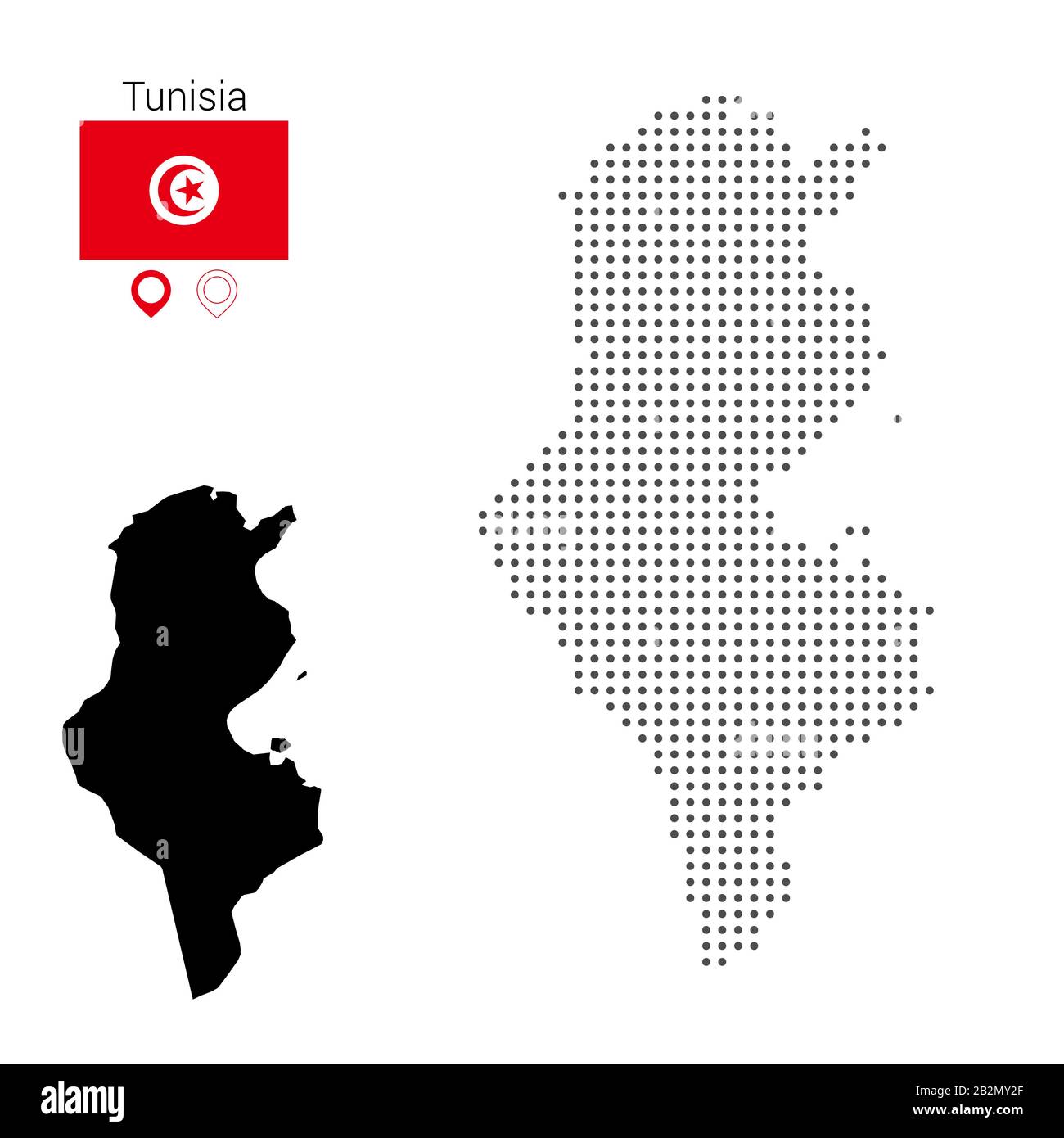 Tunisien-Karte Vektor gepunktet, mit Fahne und Stift, Illustration für Webdesign, Tapete, Flyer, Filmmaterial, Poster, Broschüre, Banner, Reisen Stock Vektor