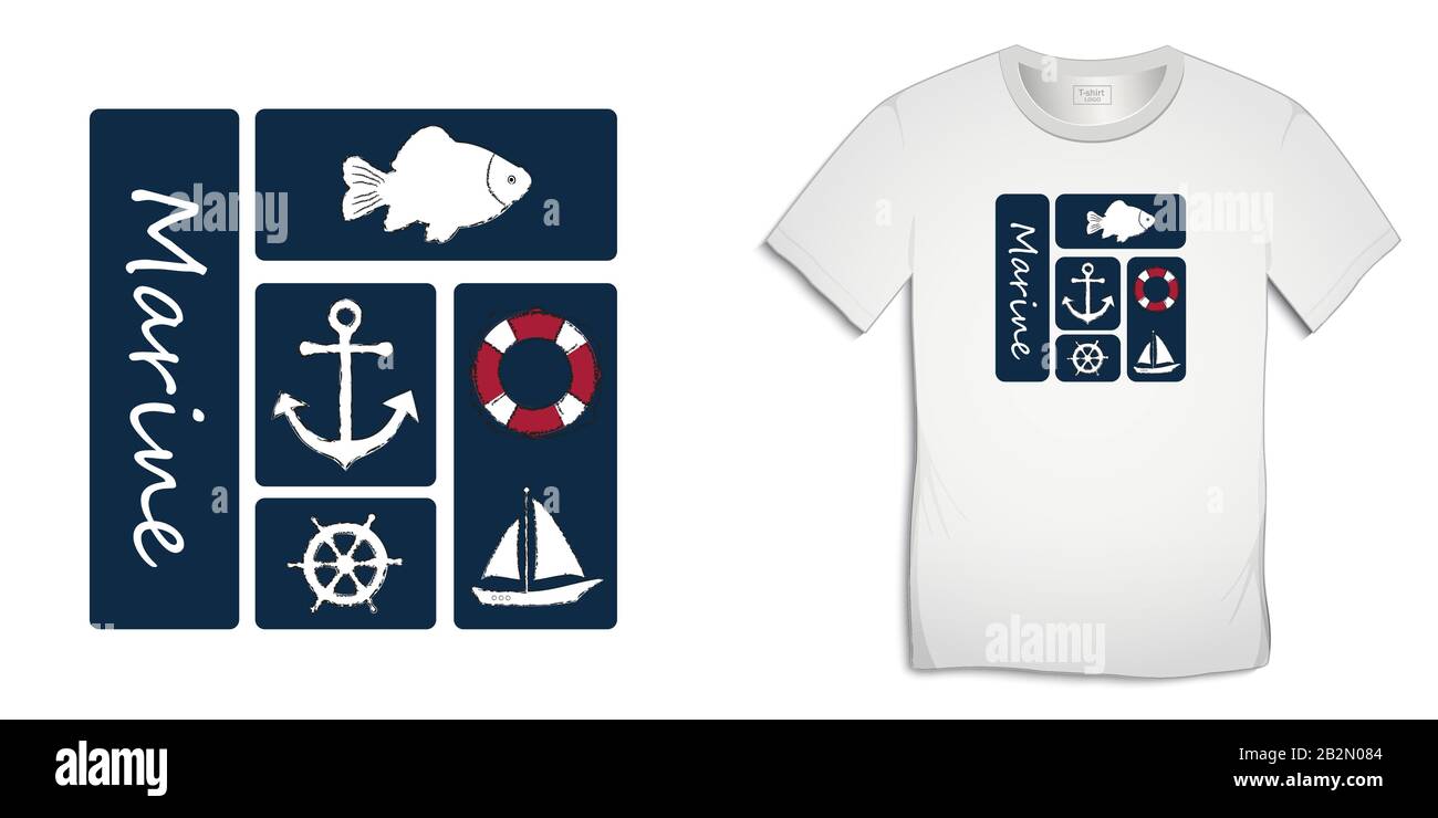 Drucken auf T-Shirt Grafikdesign, nautische Ikonen Sammlungen Anker, Fischkarpfen, Segelboot, Ruder, Rettungswagen, isoliert auf weißem Hintergrund Vektor Stock Vektor