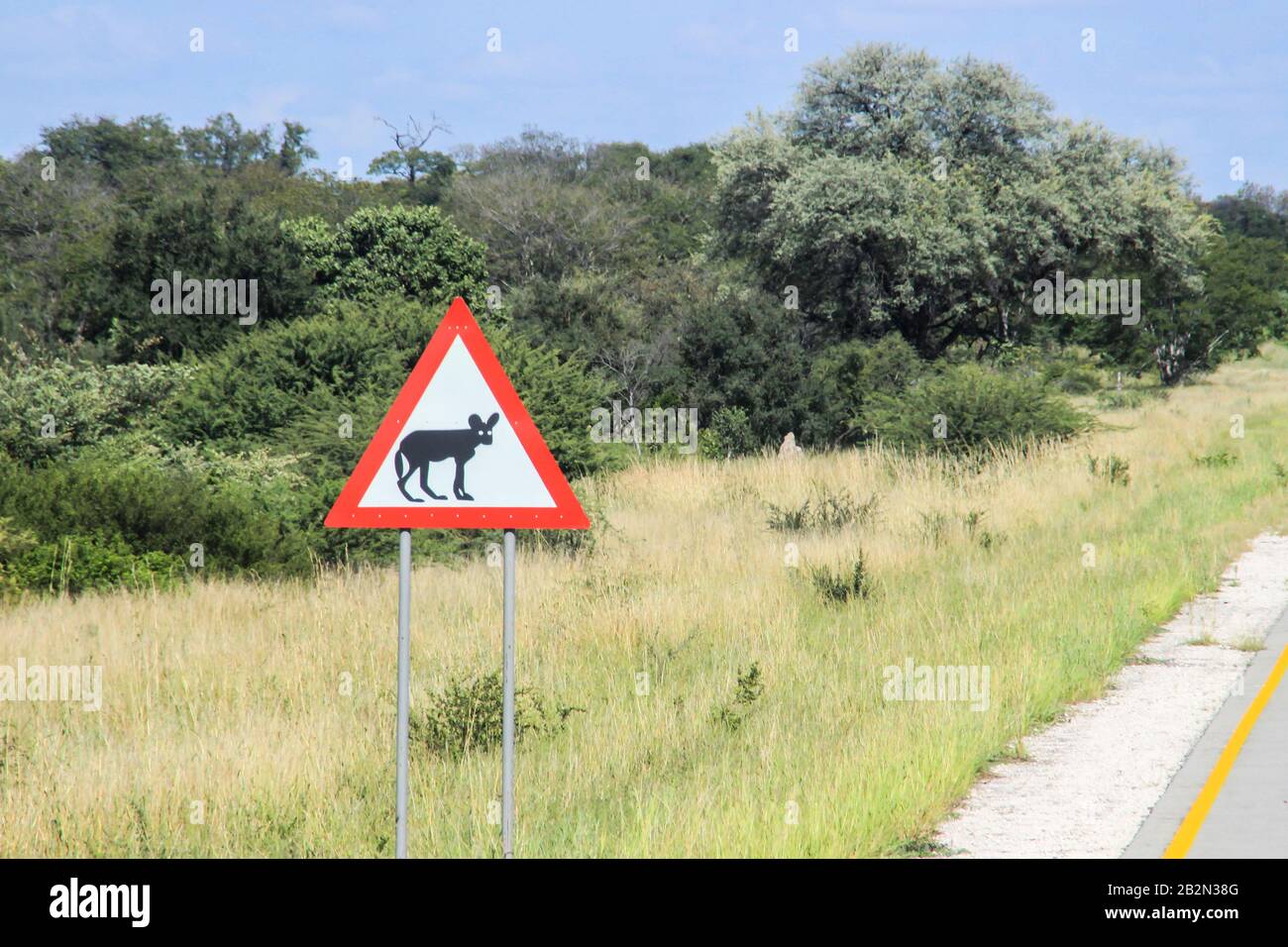 Afrikanisches Straßenschild, das ein Tier darstellt - eine Hyäne auf der Straße von Namibia Stockfoto